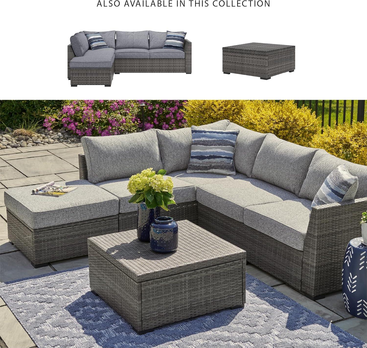imageSignature Design by Ashley Petal Road Casual Nuvella Weather Resistant Fabric Cushioned Outdoor Loveseat SectionalOttomanTable Set with 2 Throw Pillows Set of 4 Gray