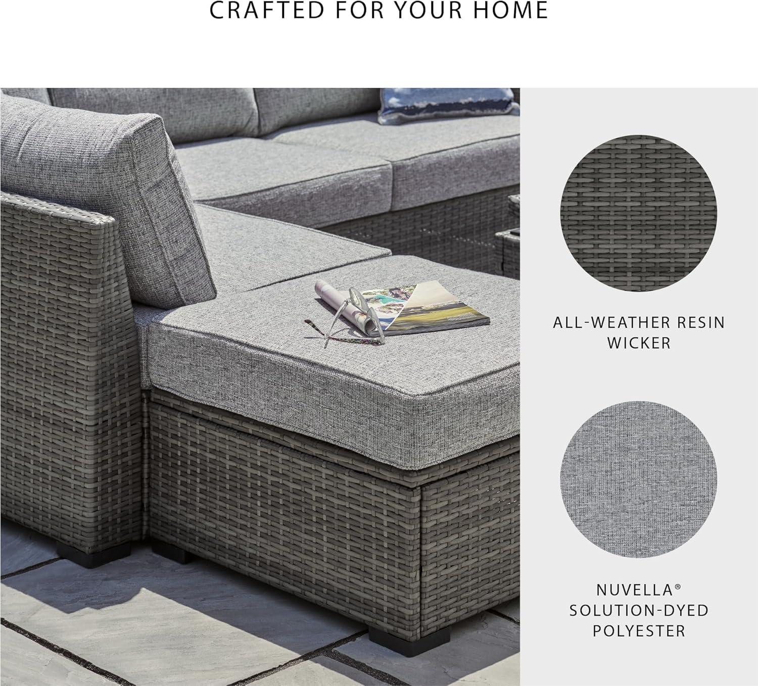 imageSignature Design by Ashley Petal Road Casual Nuvella Weather Resistant Fabric Cushioned Outdoor Loveseat SectionalOttomanTable Set with 2 Throw Pillows Set of 4 Gray