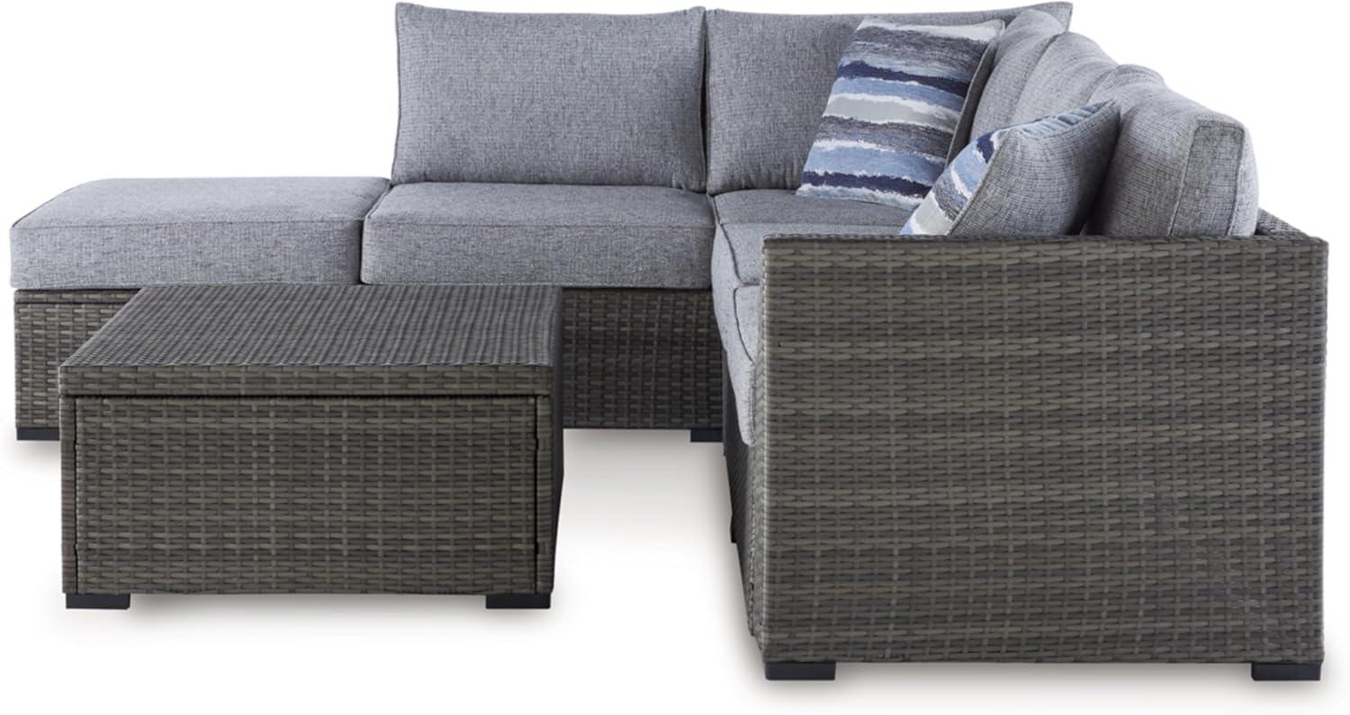 imageSignature Design by Ashley Petal Road Casual Nuvella Weather Resistant Fabric Cushioned Outdoor Loveseat SectionalOttomanTable Set with 2 Throw Pillows Set of 4 Gray