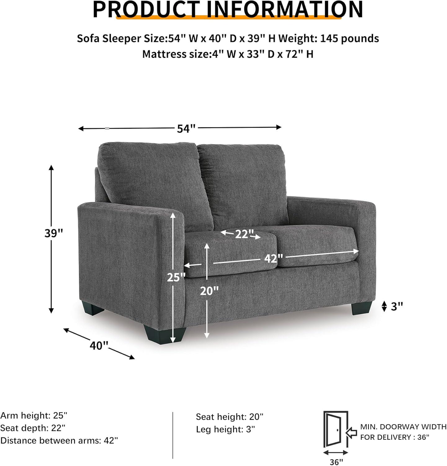 imageSignature Design by Ashley Rannis Casual 2in1 Sofa Sleeper with Folding Gel Memory Foam Mattress Twin GrayTwin