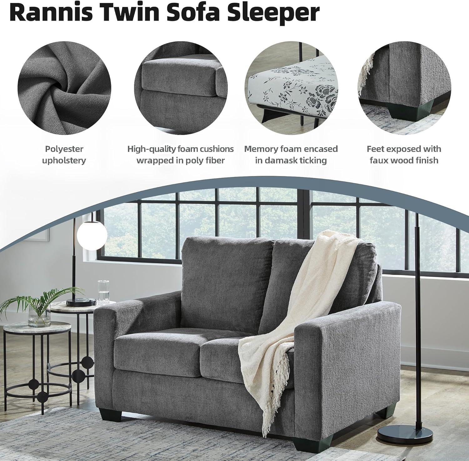 imageSignature Design by Ashley Rannis Casual 2in1 Sofa Sleeper with Folding Gel Memory Foam Mattress Twin GrayTwin