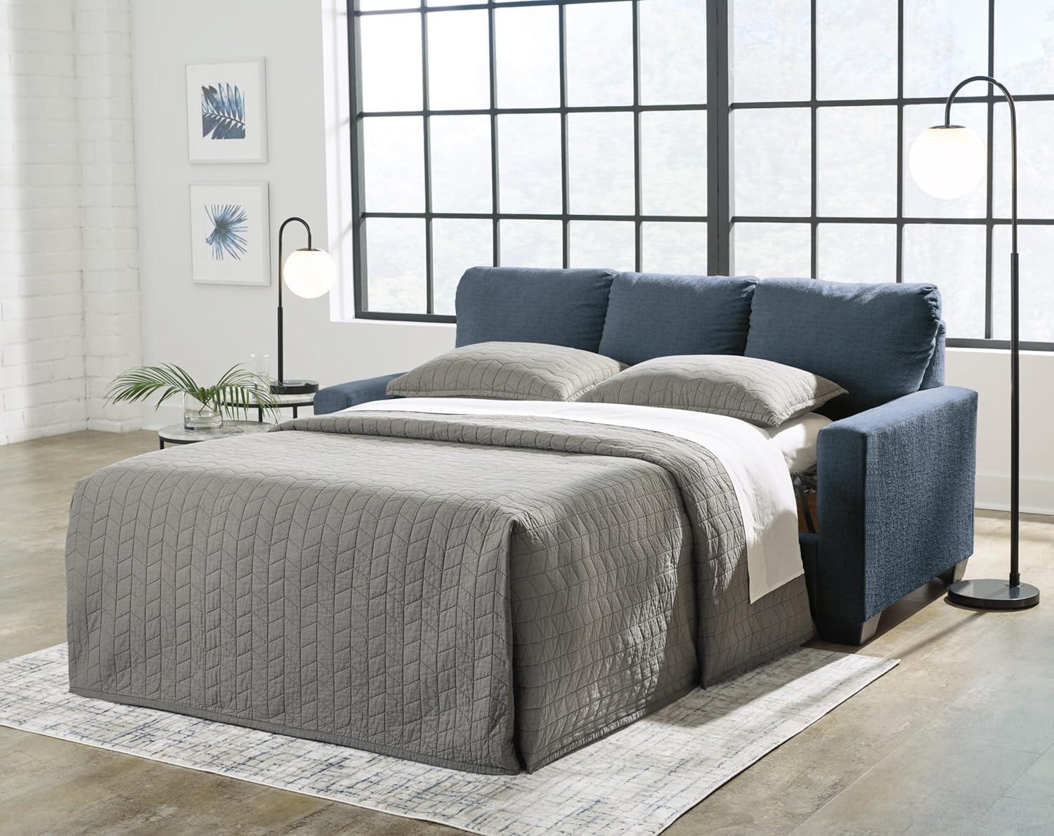 imageSignature Design by Ashley Rannis Coastal 2in1 Sofa Sleeper with Folding Gel Memory Foam Mattress Full Blue