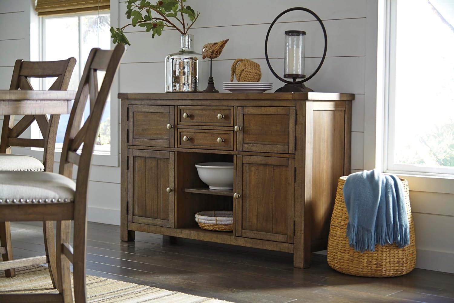 imageSignature Design by Ashley Robbinsdale Casual 4Door Dining Server with Adjustable Shelves and FeltLined Drawers WhiteBrown