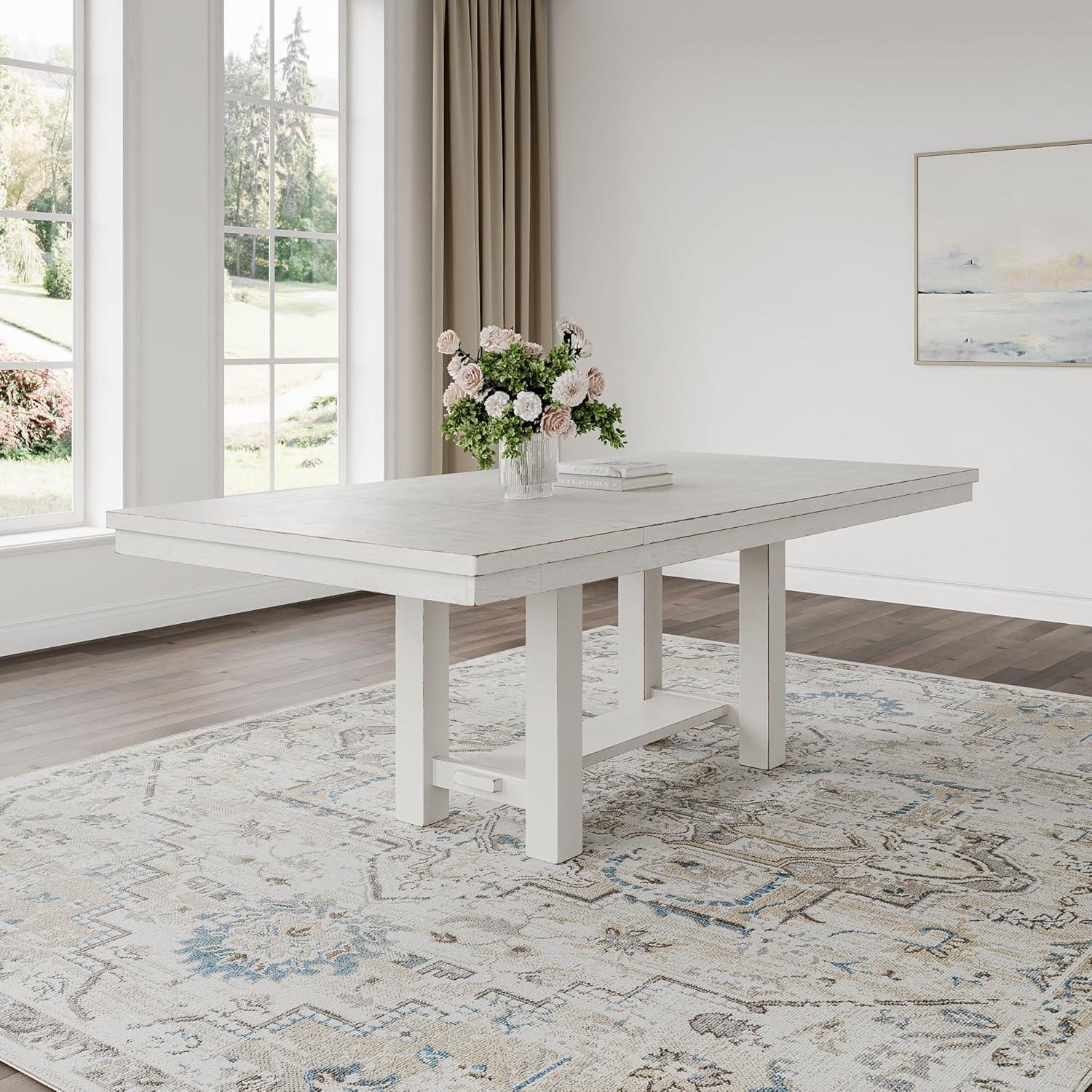 imageSignature Design by Ashley Robbinsdale Farmhouse Distressed Counter Height Dining Extension Table with Trestle Base Planked Effect and 2 Removable End Leaves WhiteAntique White