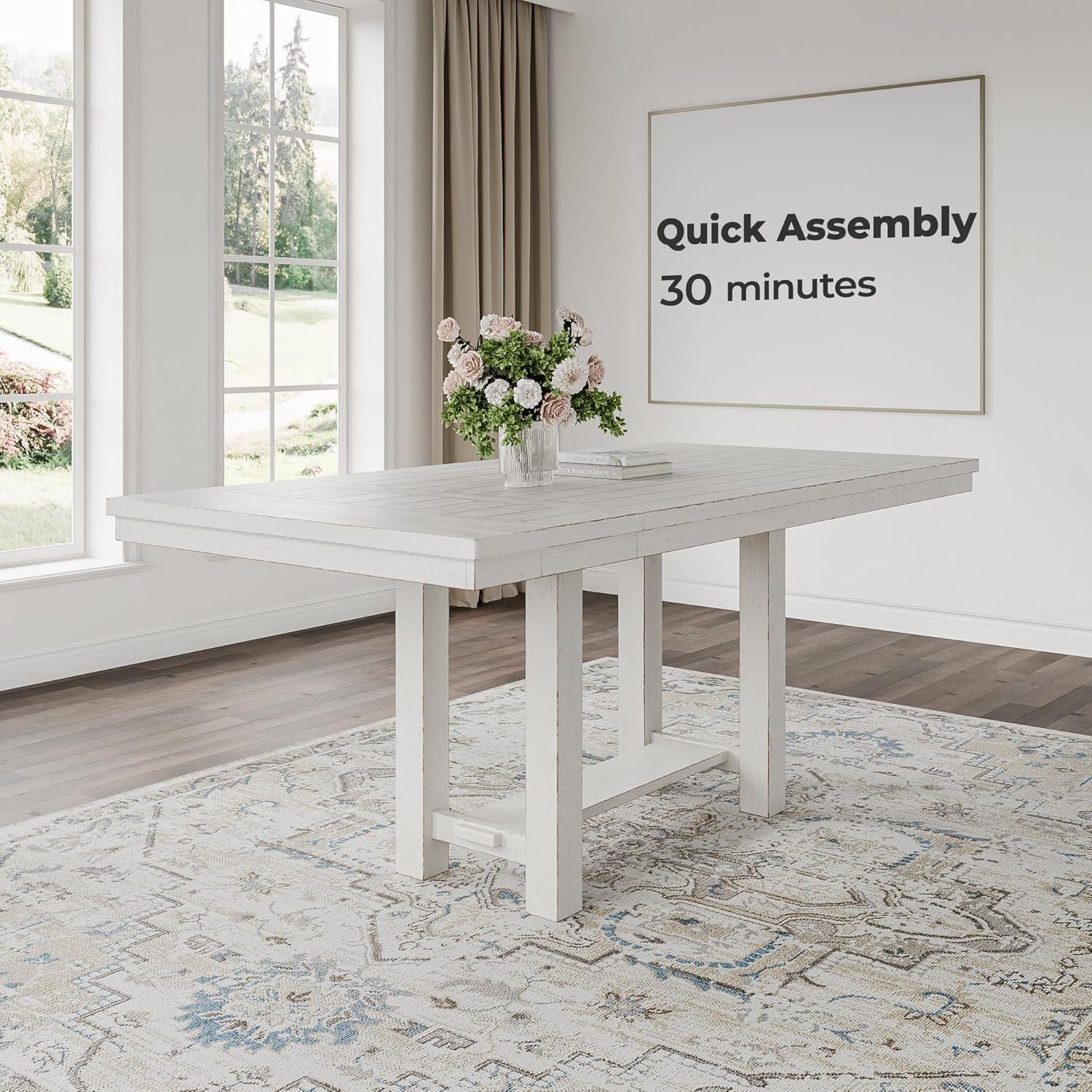 imageSignature Design by Ashley Robbinsdale Farmhouse Distressed Counter Height Dining Extension Table with Trestle Base Planked Effect and 2 Removable End Leaves WhiteWhite