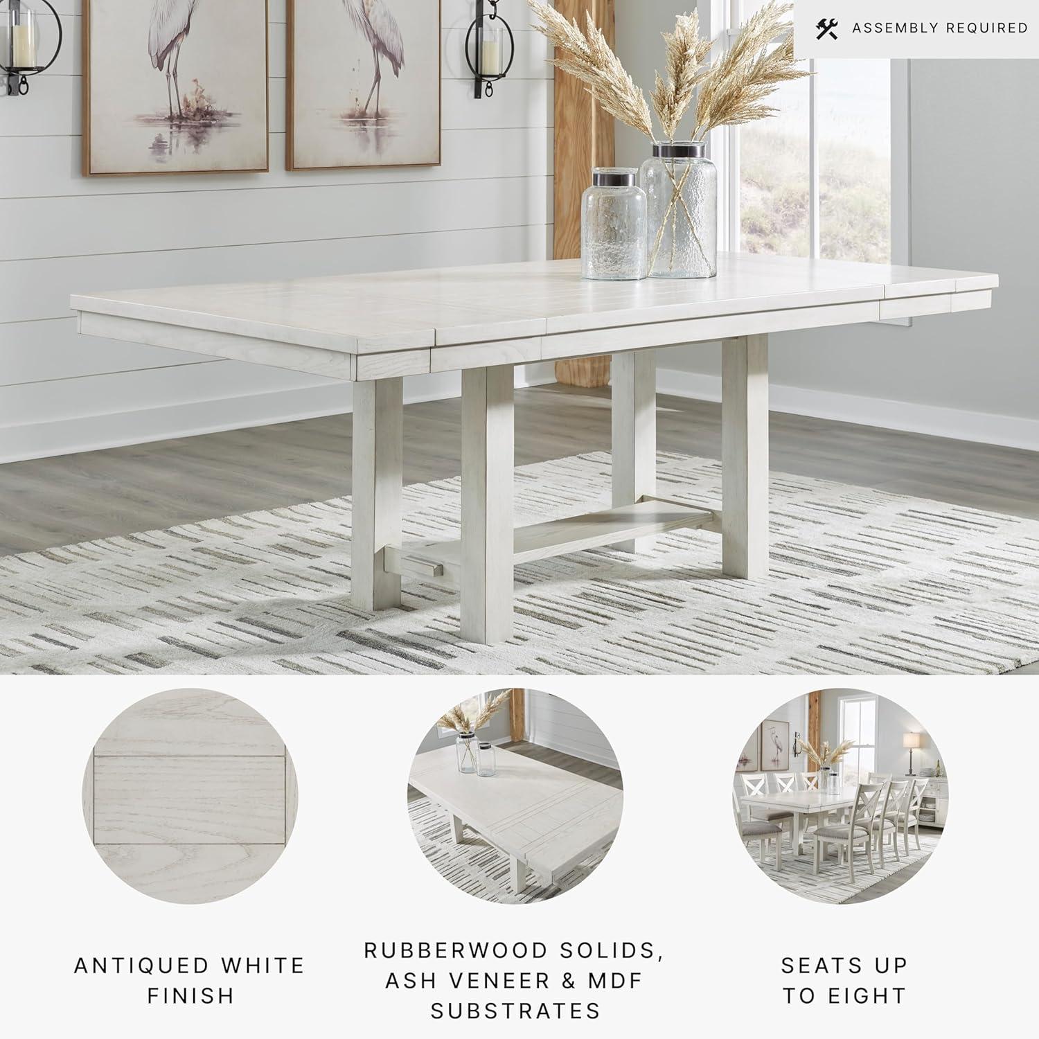 imageSignature Design by Ashley Robbinsdale Farmhouse Distressed Counter Height Dining Extension Table with Trestle Base Planked Effect and 2 Removable End Leaves WhiteAntique White