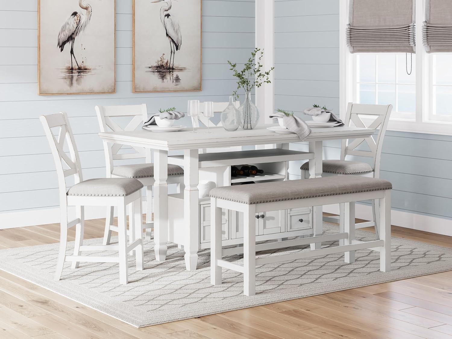 imageSignature Design by Ashley Robbinsdale Farmhouse Distressed Counter Height Dining Extension Table with Trestle Base Planked Effect and 2 Removable End Leaves WhiteAntique White