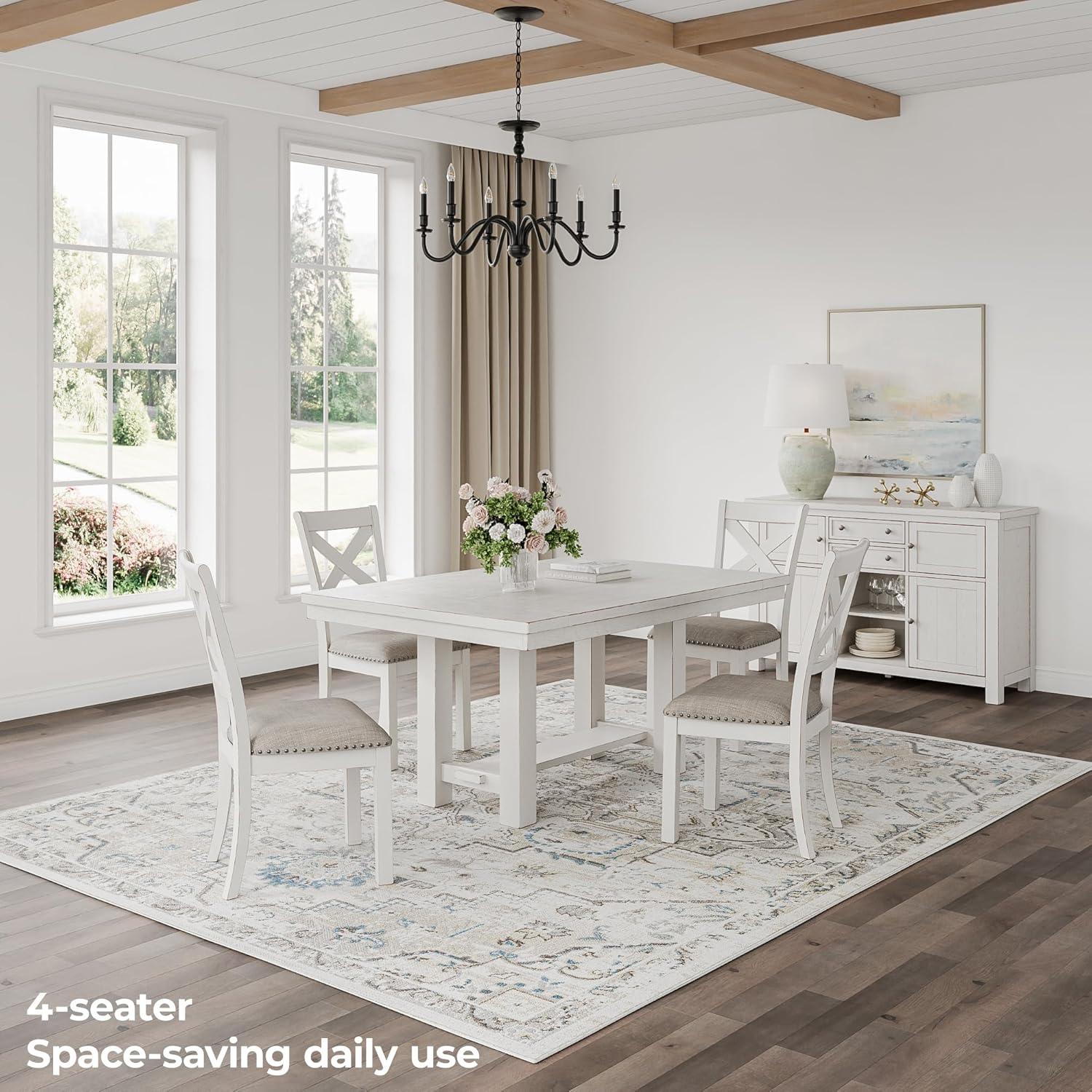 imageSignature Design by Ashley Robbinsdale Farmhouse Distressed Counter Height Dining Extension Table with Trestle Base Planked Effect and 2 Removable End Leaves WhiteAntique White