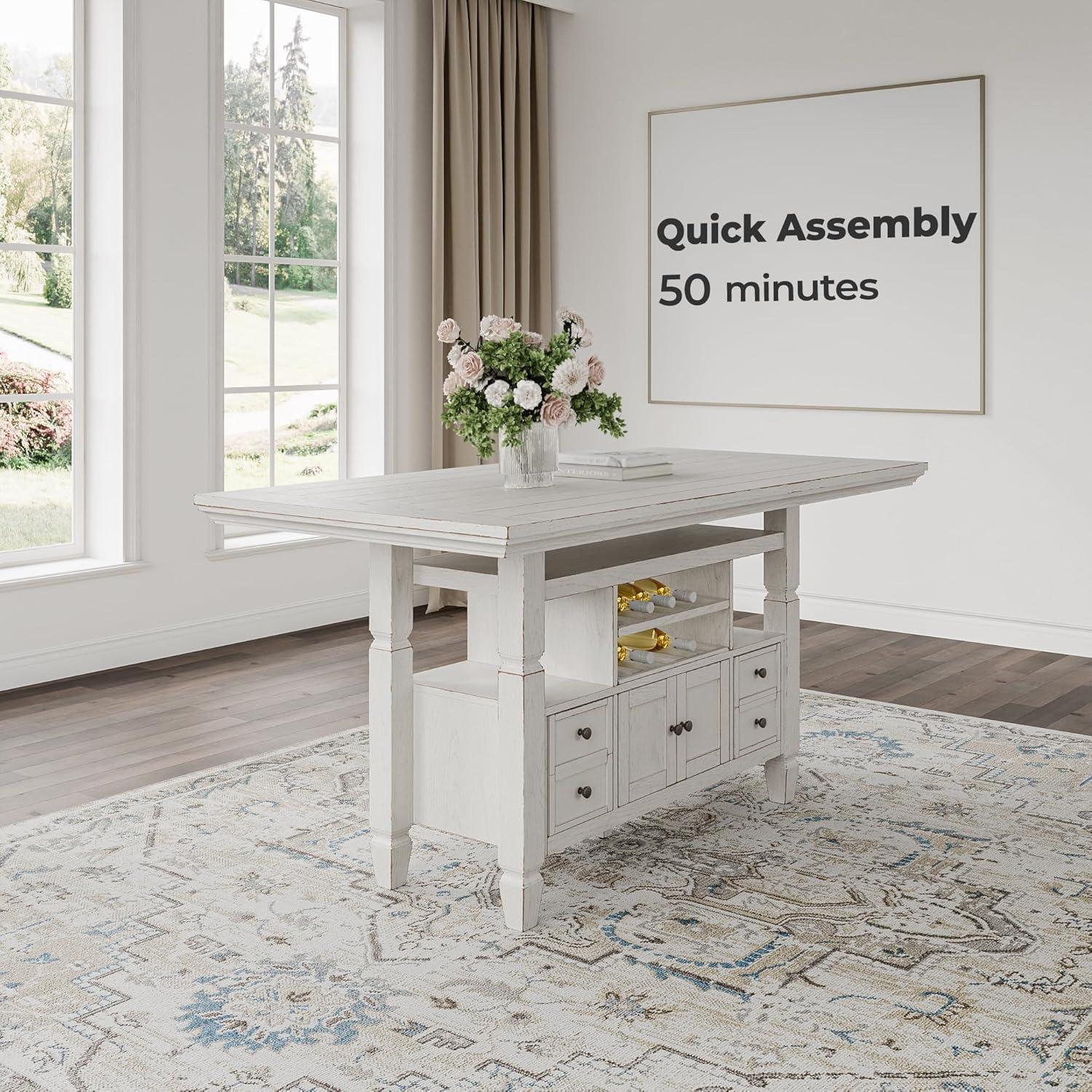 imageSignature Design by Ashley Robbinsdale Farmhouse Distressed Counter Height Dining Extension Table with Trestle Base Planked Effect and 2 Removable End Leaves WhiteAntique White