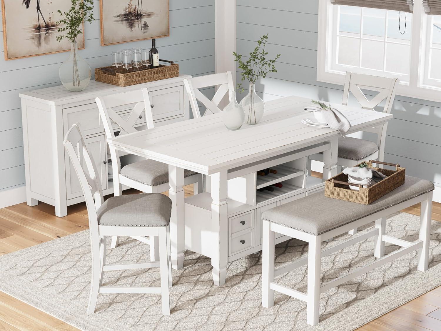 imageSignature Design by Ashley Robbinsdale Farmhouse Distressed Counter Height Dining Extension Table with Trestle Base Planked Effect and 2 Removable End Leaves WhiteAntique White