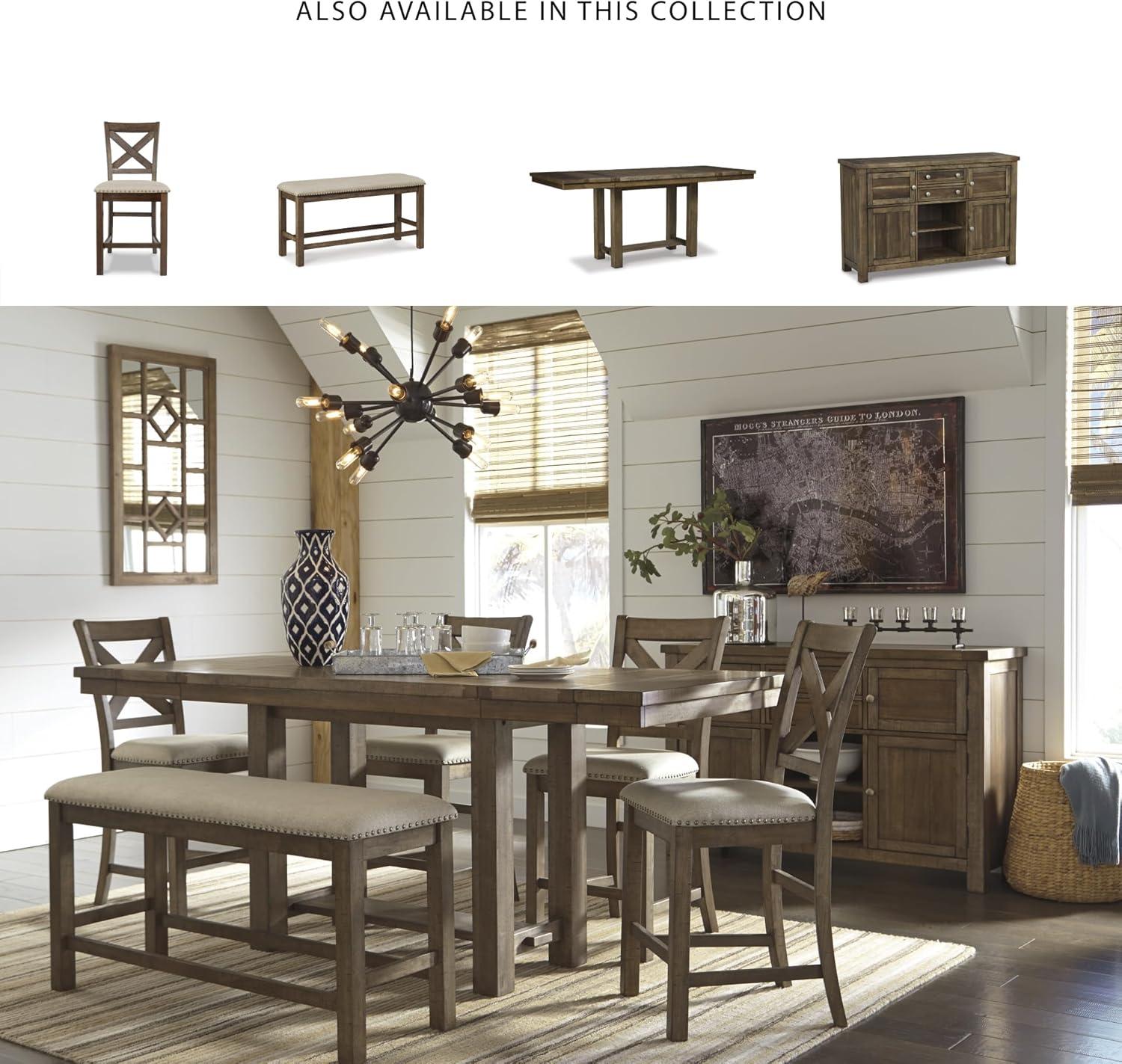 imageSignature Design by Ashley Robbinsdale Farmhouse Distressed Counter Height Dining Extension Table with Trestle Base Planked Effect and 2 Removable End Leaves WhiteBrown