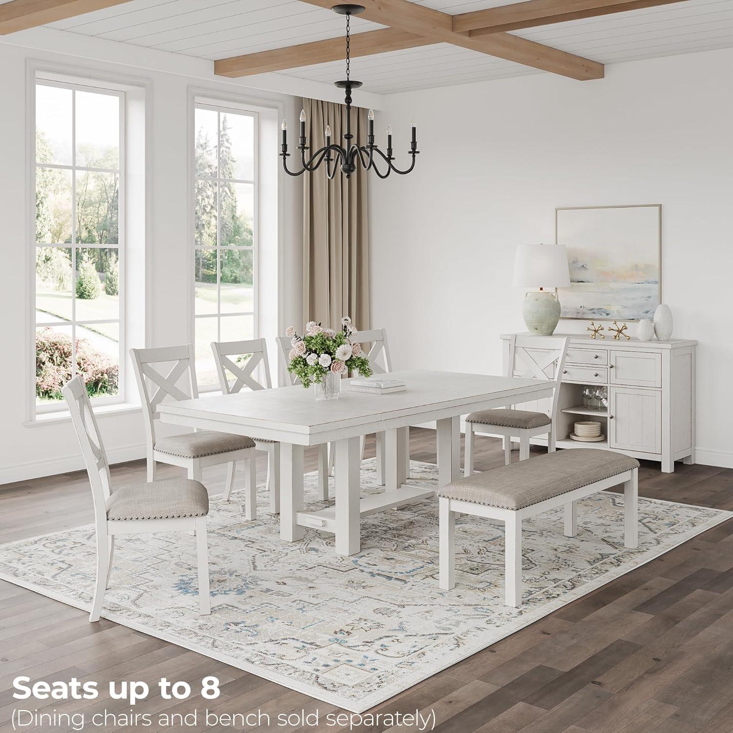 imageSignature Design by Ashley Robbinsdale Farmhouse Distressed Counter Height Dining Extension Table with Trestle Base Planked Effect and 2 Removable End Leaves WhiteAntique White