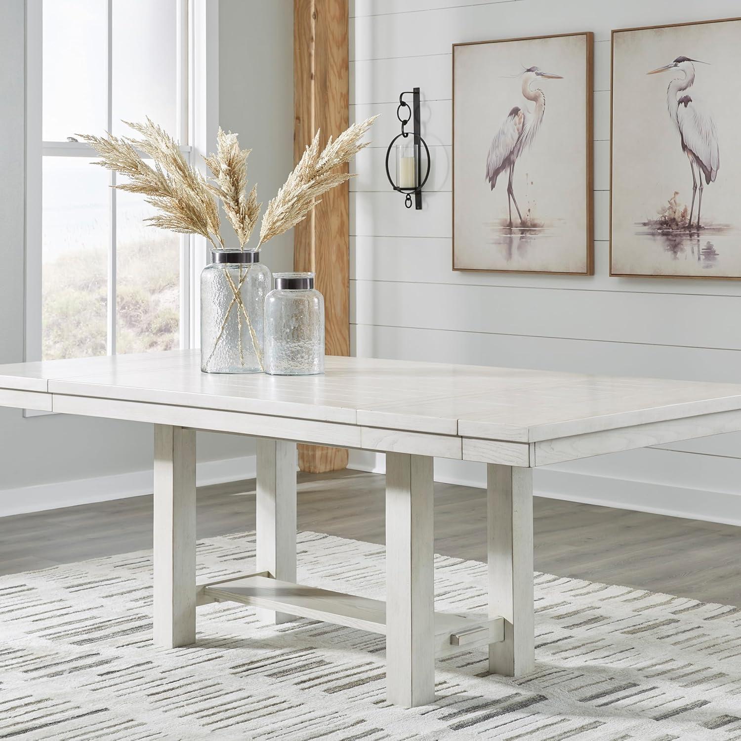 imageSignature Design by Ashley Robbinsdale Farmhouse Distressed Counter Height Dining Extension Table with Trestle Base Planked Effect and 2 Removable End Leaves WhiteAntique White