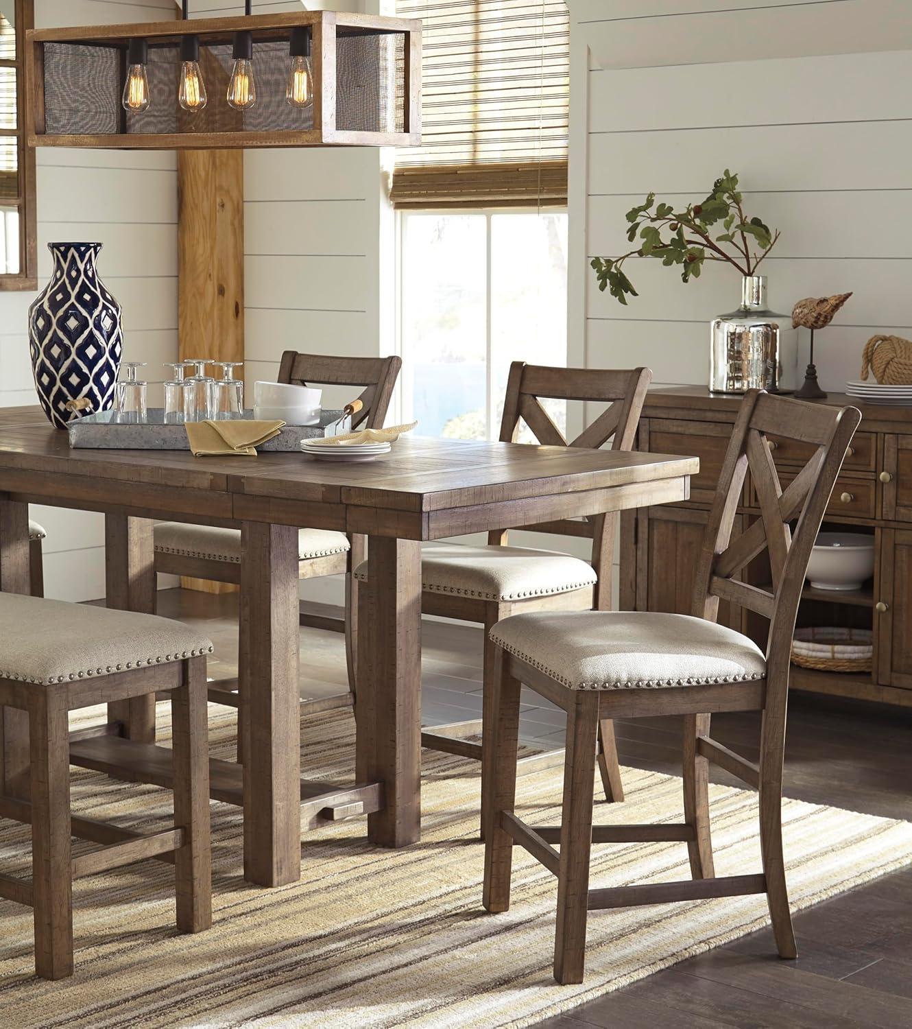 imageSignature Design by Ashley Robbinsdale Farmhouse Distressed Counter Height Dining Extension Table with Trestle Base Planked Effect and 2 Removable End Leaves WhiteBrown