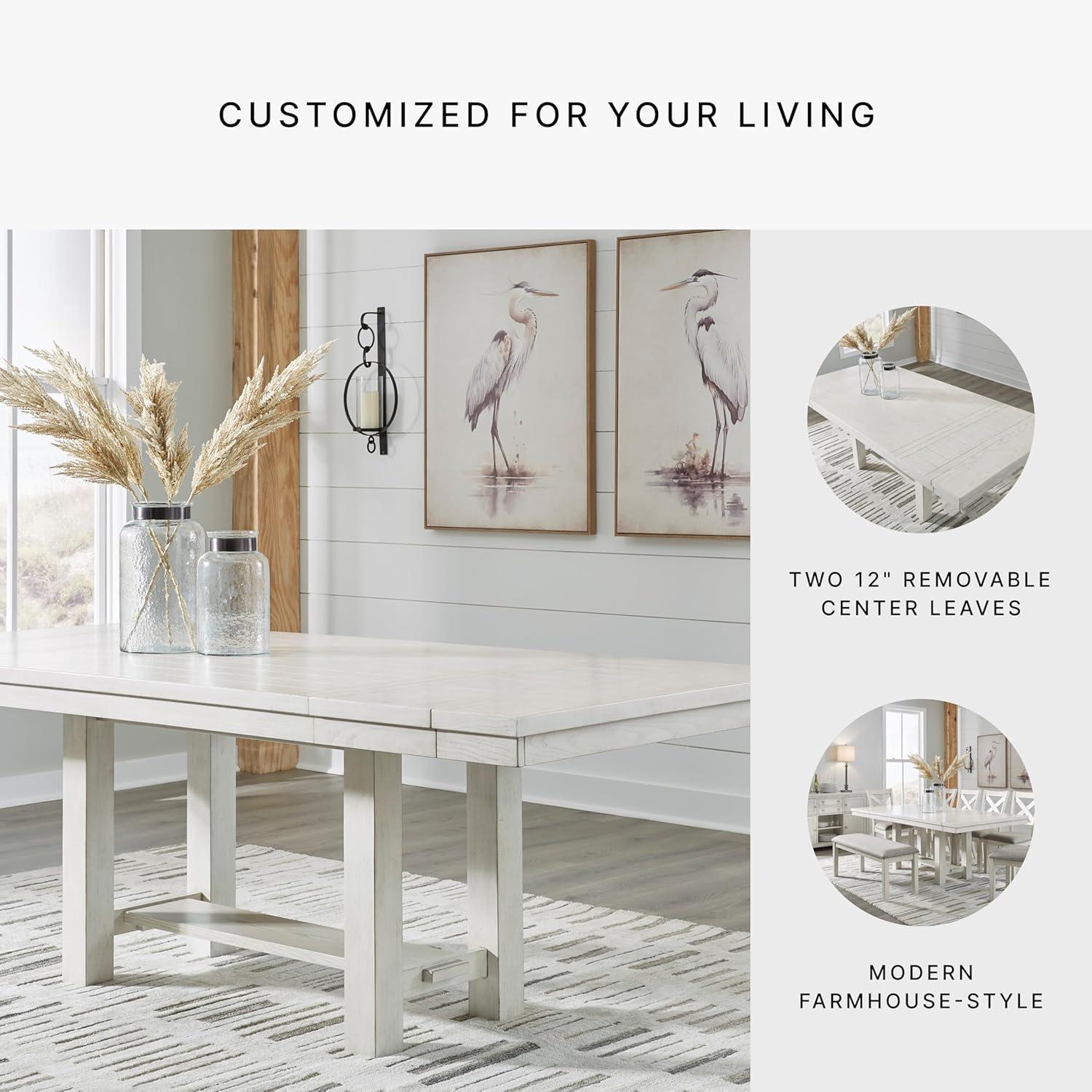 imageSignature Design by Ashley Robbinsdale Farmhouse Distressed Counter Height Dining Extension Table with Trestle Base Planked Effect and 2 Removable End Leaves WhiteAntique White