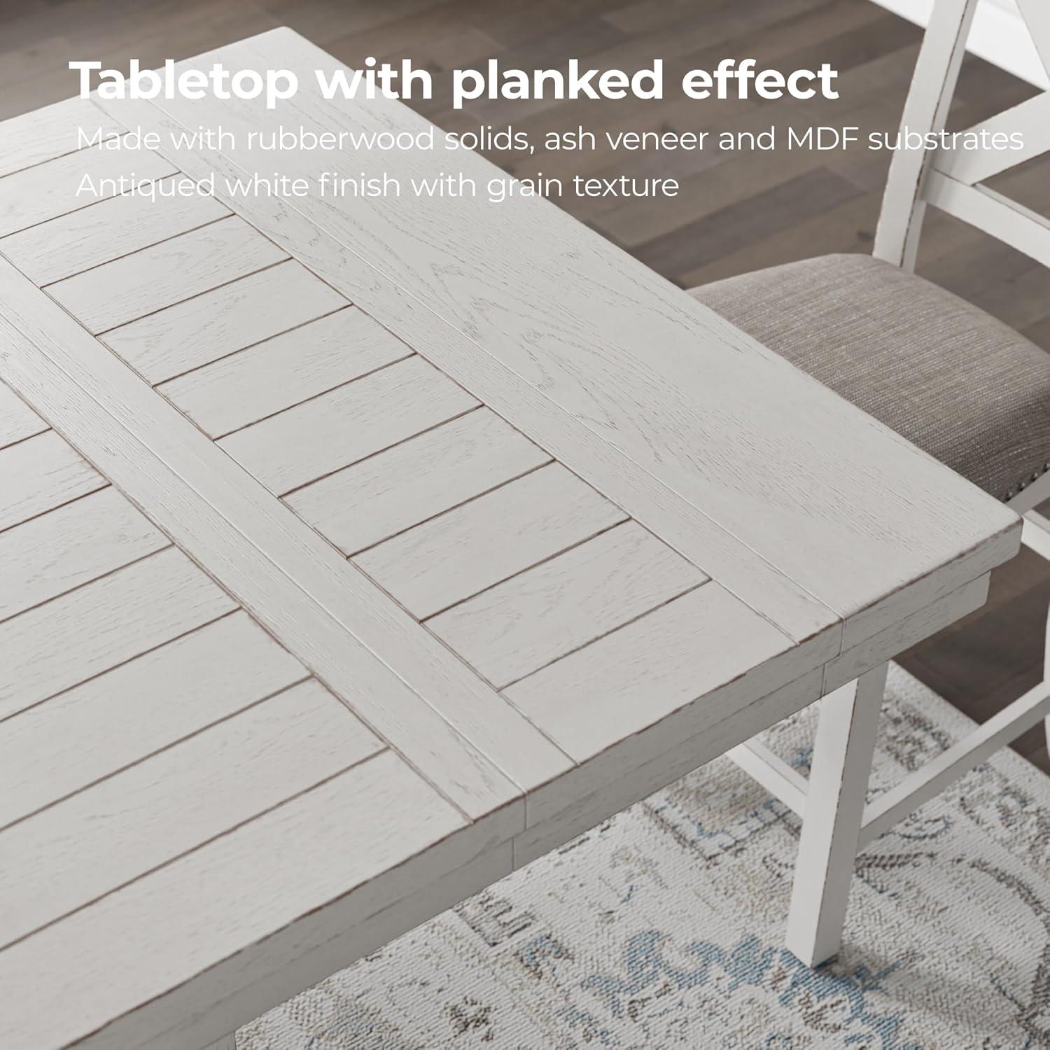 imageSignature Design by Ashley Robbinsdale Farmhouse Distressed Counter Height Dining Extension Table with Trestle Base Planked Effect and 2 Removable End Leaves WhiteWhite