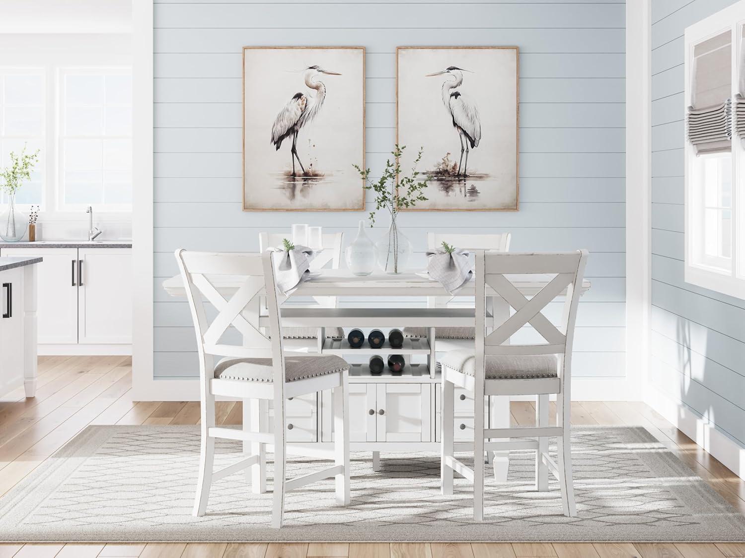 imageSignature Design by Ashley Robbinsdale Farmhouse Distressed Counter Height Dining Extension Table with Trestle Base Planked Effect and 2 Removable End Leaves WhiteAntique White