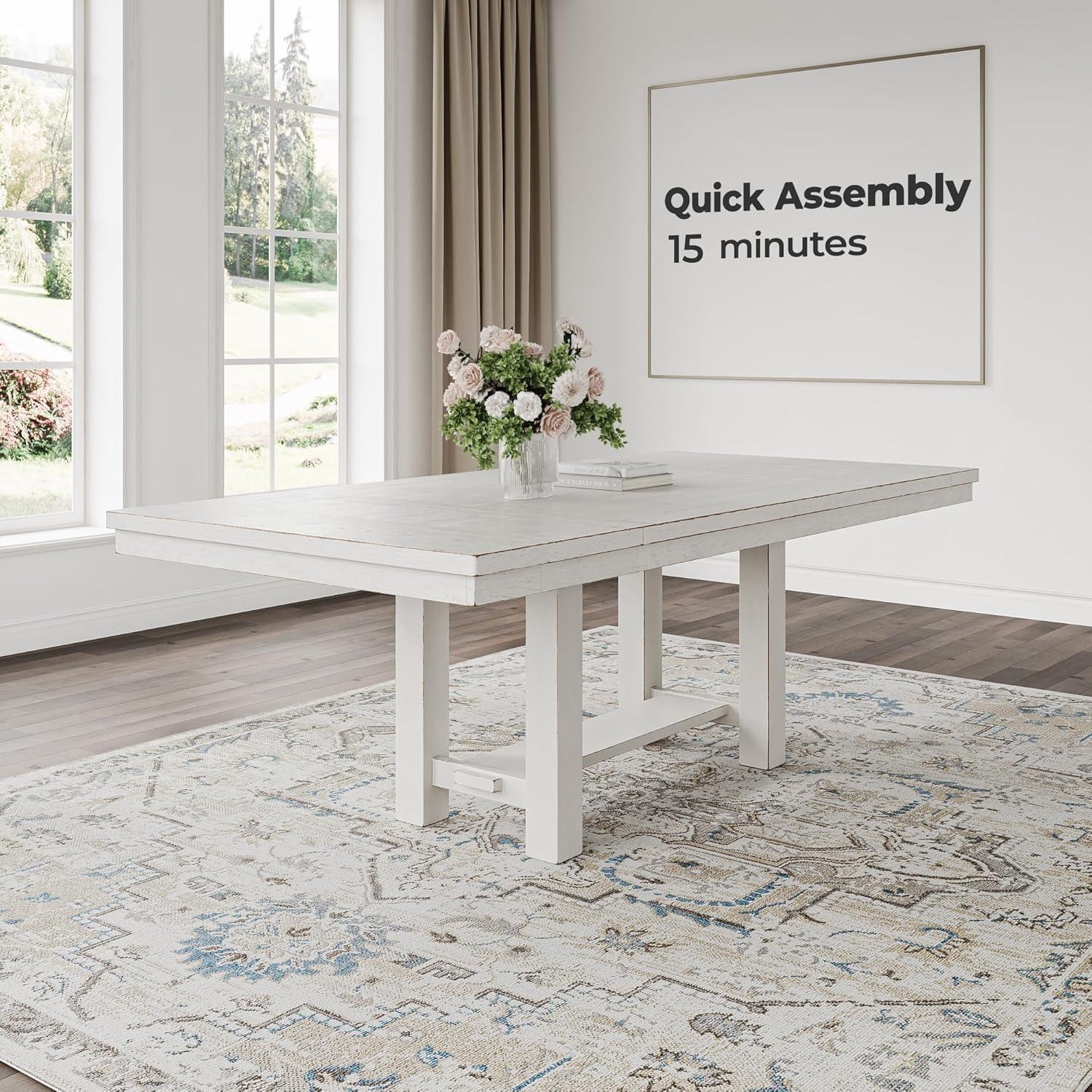 imageSignature Design by Ashley Robbinsdale Farmhouse Distressed Counter Height Dining Extension Table with Trestle Base Planked Effect and 2 Removable End Leaves WhiteAntique White