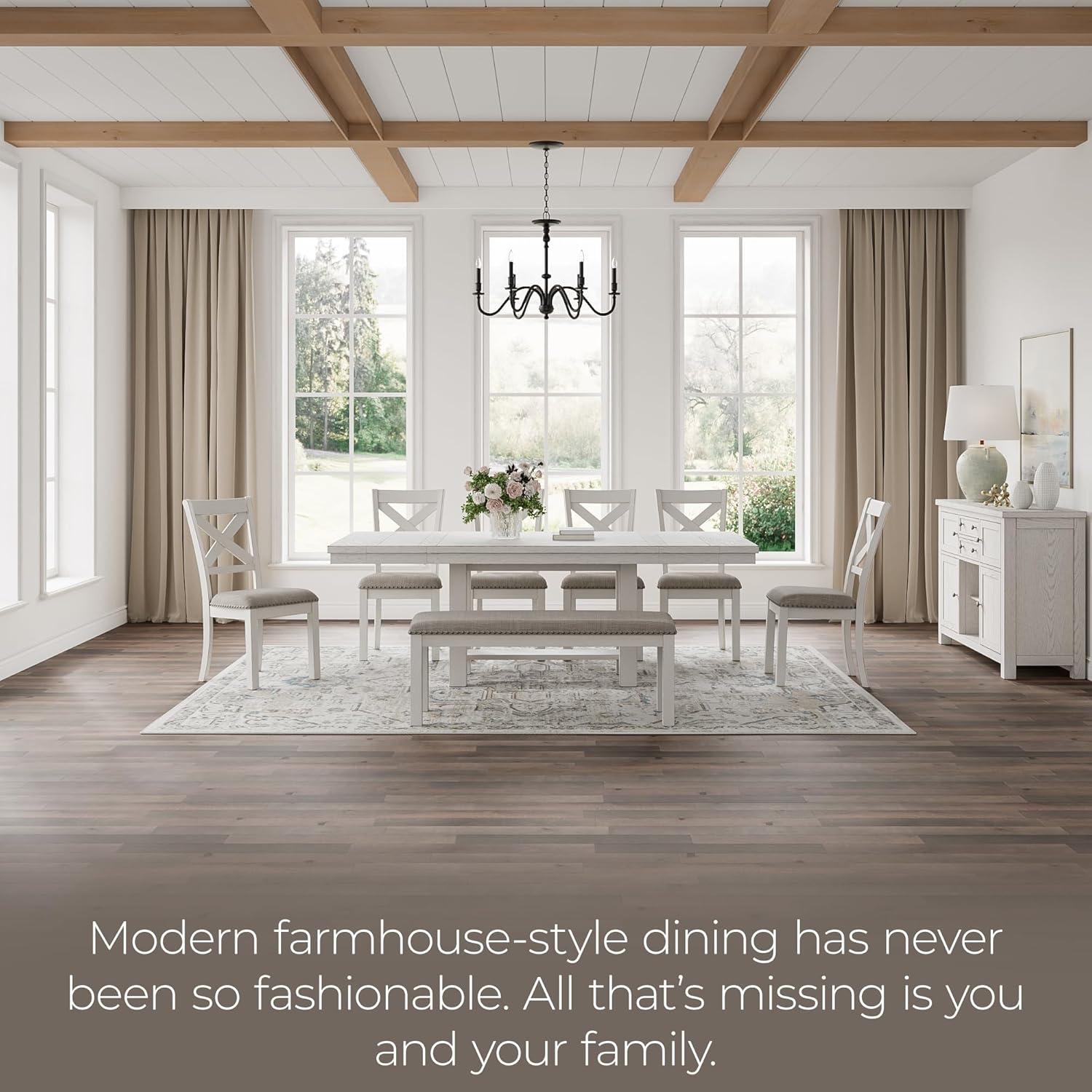 imageSignature Design by Ashley Robbinsdale Farmhouse Distressed Counter Height Dining Extension Table with Trestle Base Planked Effect and 2 Removable End Leaves WhiteAntique White