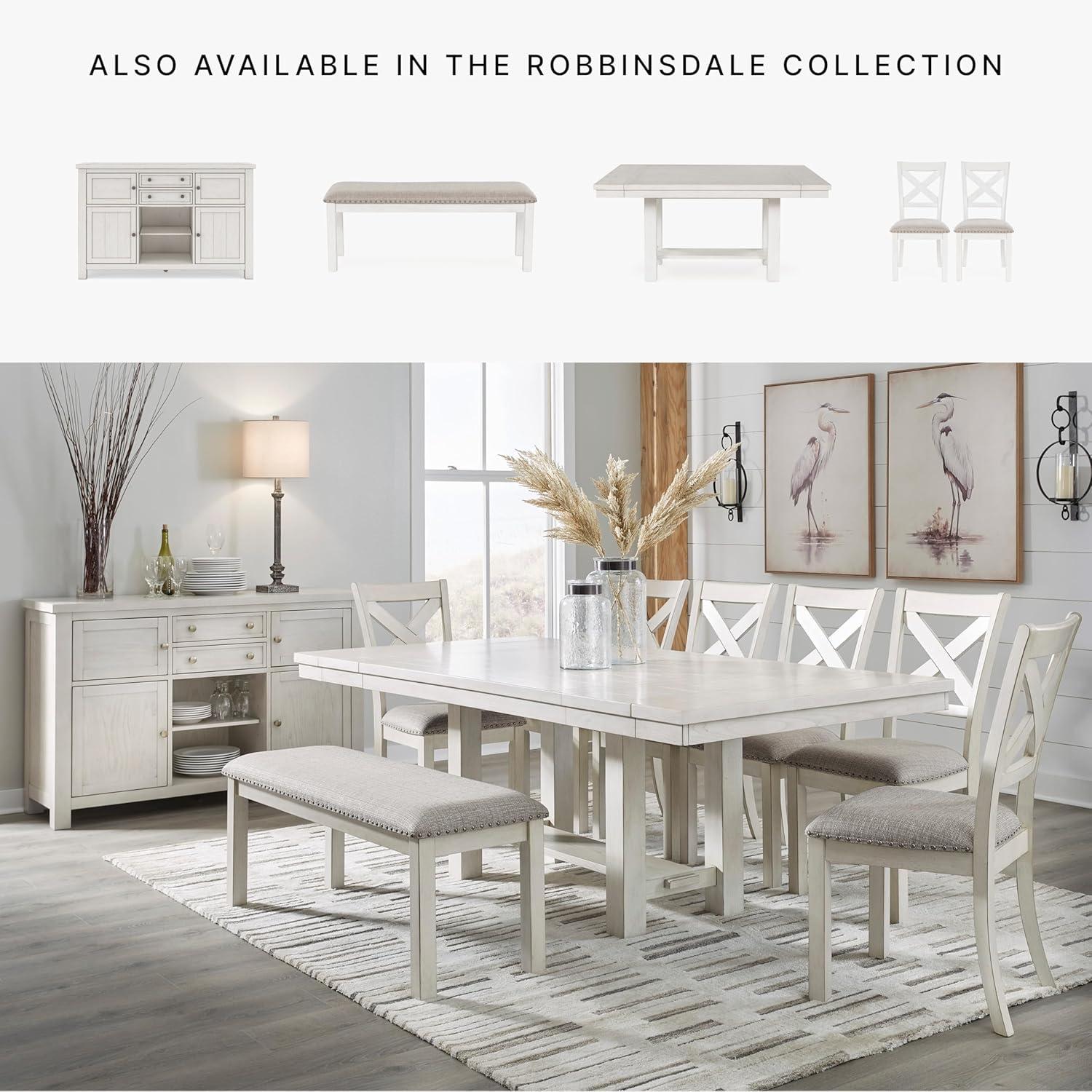 imageSignature Design by Ashley Robbinsdale Farmhouse Distressed Counter Height Dining Extension Table with Trestle Base Planked Effect and 2 Removable End Leaves WhiteAntique White
