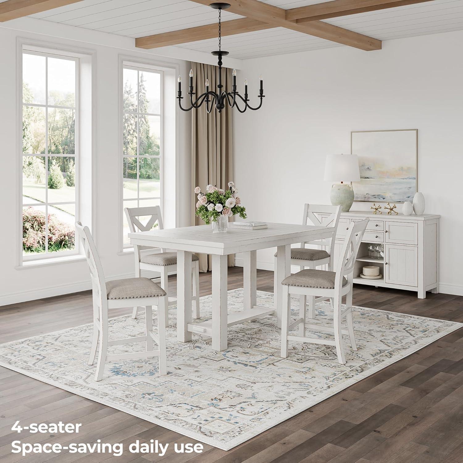 imageSignature Design by Ashley Robbinsdale Farmhouse Distressed Counter Height Dining Extension Table with Trestle Base Planked Effect and 2 Removable End Leaves WhiteWhite
