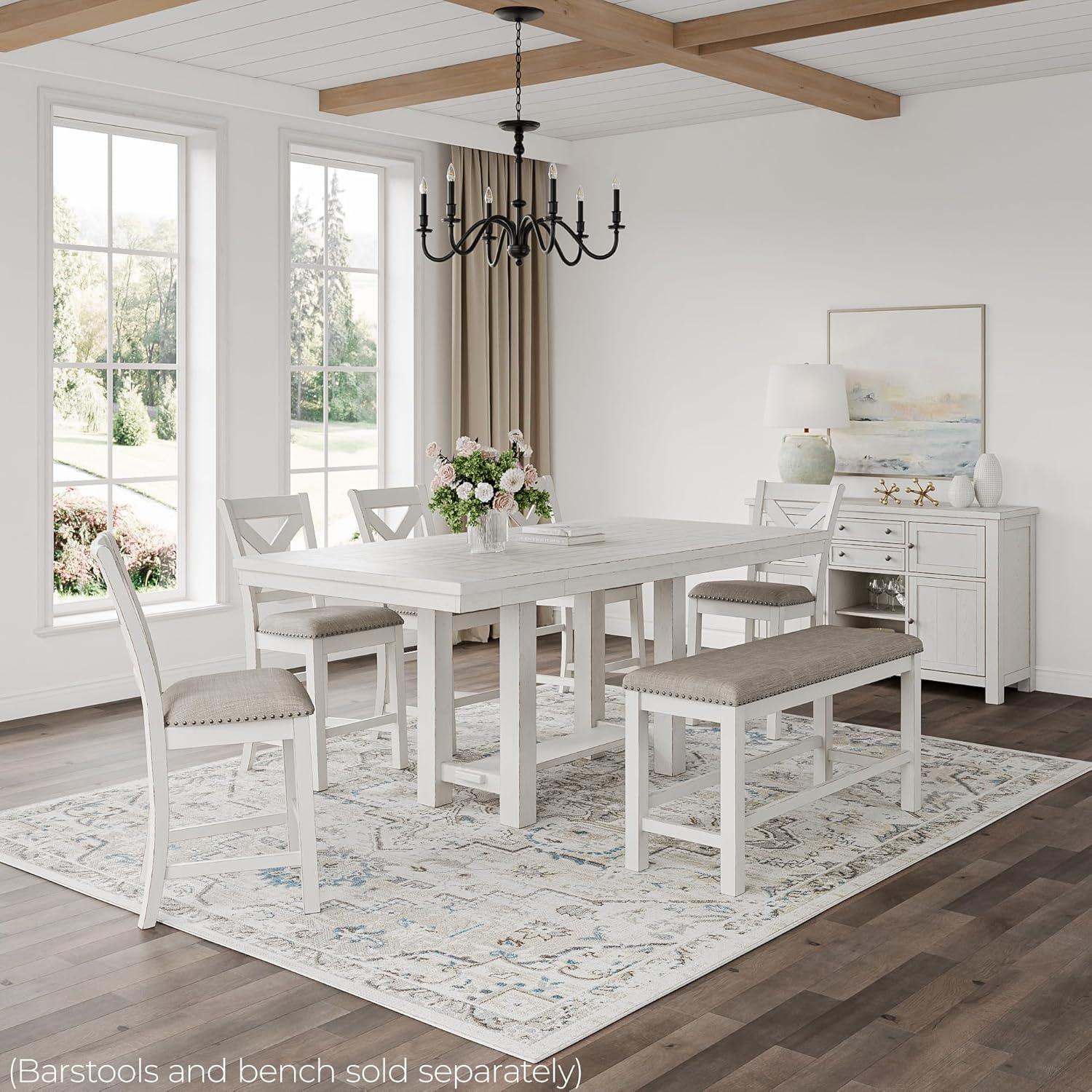 imageSignature Design by Ashley Robbinsdale Farmhouse Distressed Counter Height Dining Extension Table with Trestle Base Planked Effect and 2 Removable End Leaves WhiteWhite