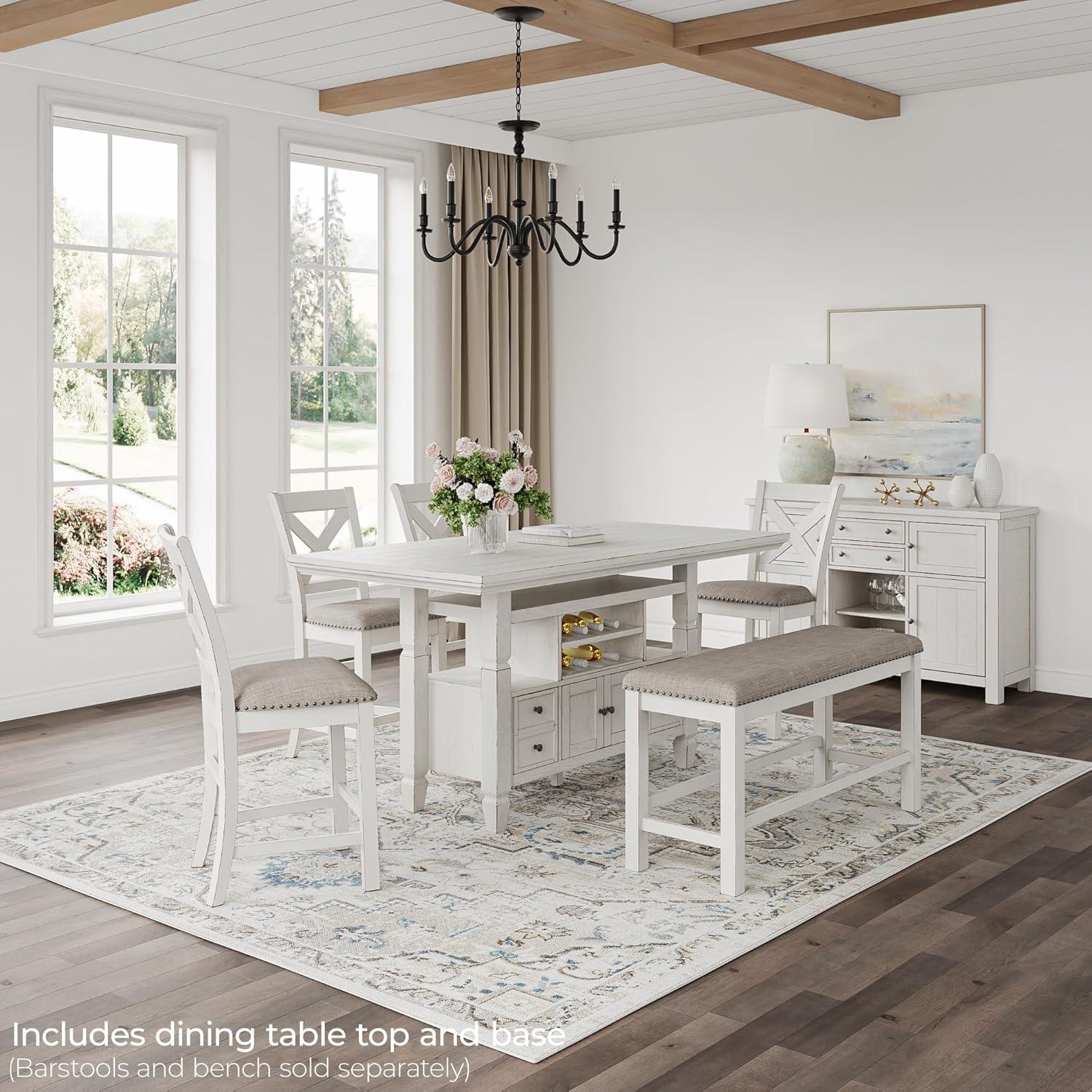 imageSignature Design by Ashley Robbinsdale Farmhouse Distressed Counter Height Dining Extension Table with Trestle Base Planked Effect and 2 Removable End Leaves WhiteAntique White
