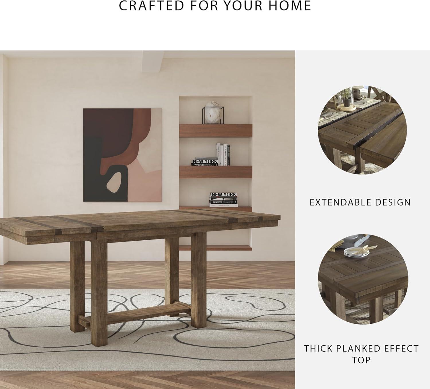 imageSignature Design by Ashley Robbinsdale Farmhouse Distressed Counter Height Dining Extension Table with Trestle Base Planked Effect and 2 Removable End Leaves WhiteBrown