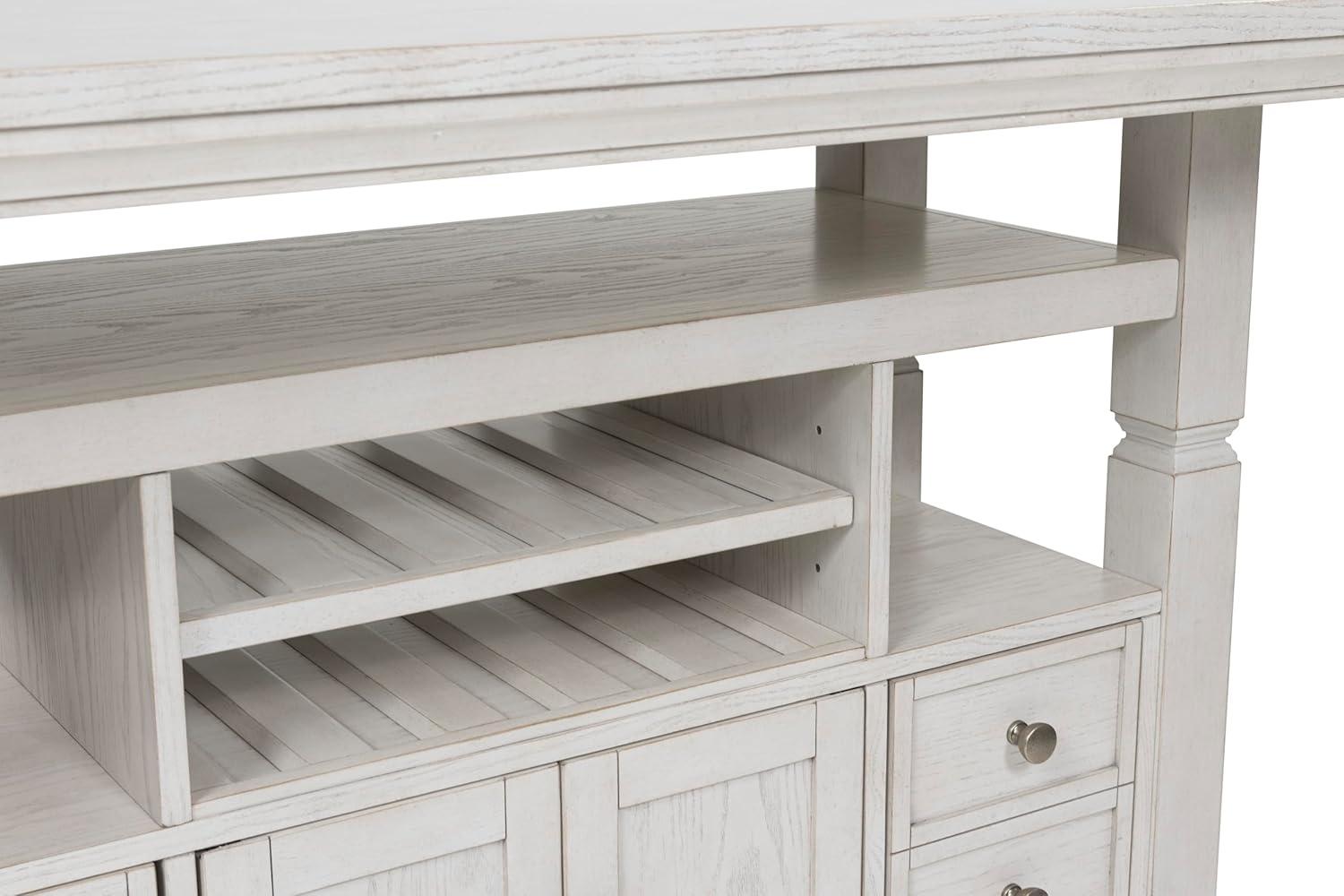 imageSignature Design by Ashley Robbinsdale Farmhouse Distressed Counter Height Dining Extension Table with Trestle Base Planked Effect and 2 Removable End Leaves WhiteAntique White