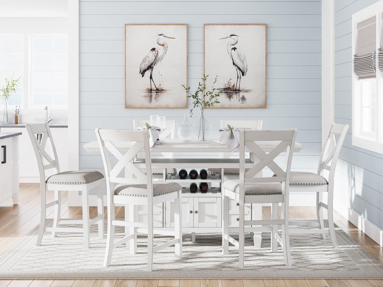 imageSignature Design by Ashley Robbinsdale Farmhouse Distressed Counter Height Dining Extension Table with Trestle Base Planked Effect and 2 Removable End Leaves WhiteAntique White