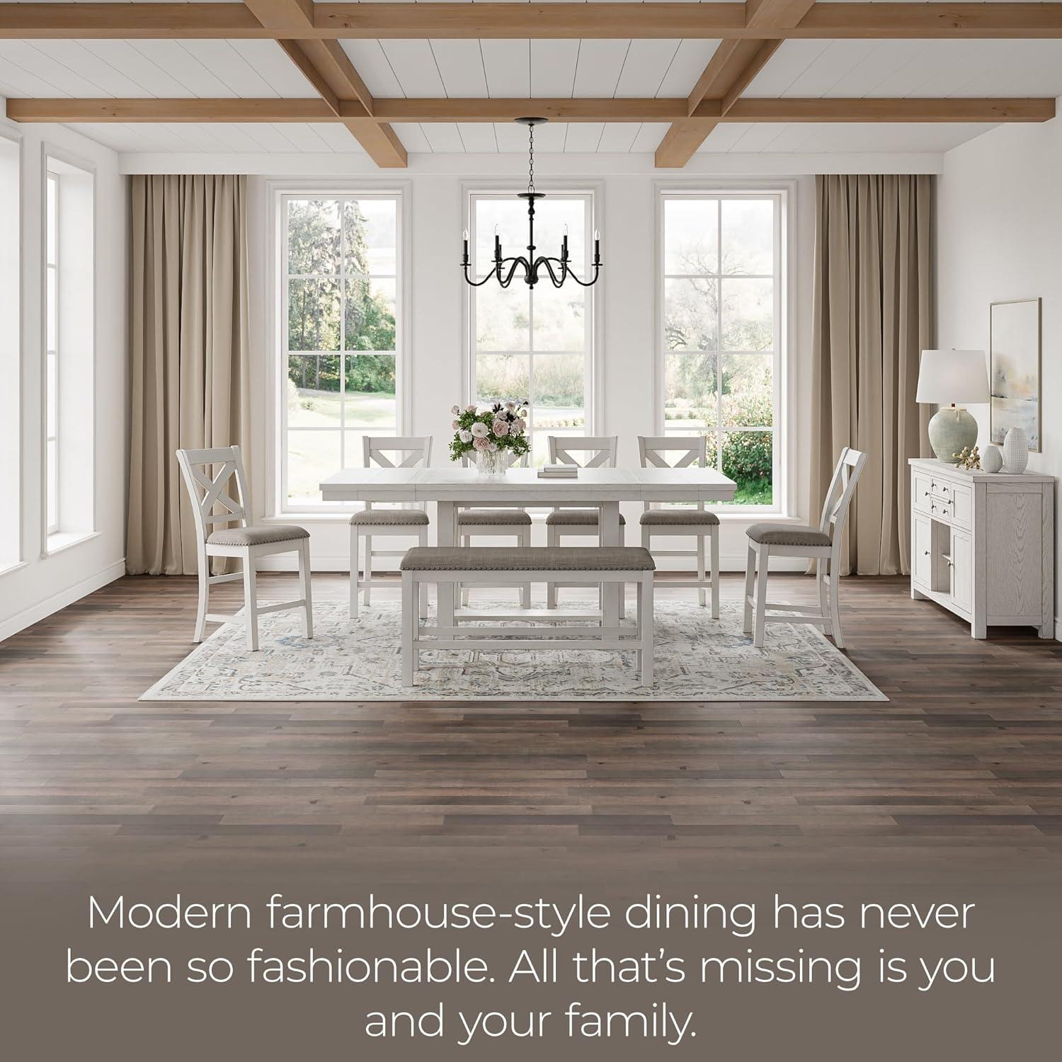 imageSignature Design by Ashley Robbinsdale Farmhouse Distressed Counter Height Dining Extension Table with Trestle Base Planked Effect and 2 Removable End Leaves WhiteWhite