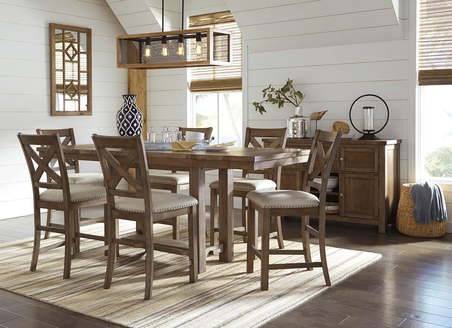 imageSignature Design by Ashley Robbinsdale Farmhouse Distressed Counter Height Dining Extension Table with Trestle Base Planked Effect and 2 Removable End Leaves WhiteBrown