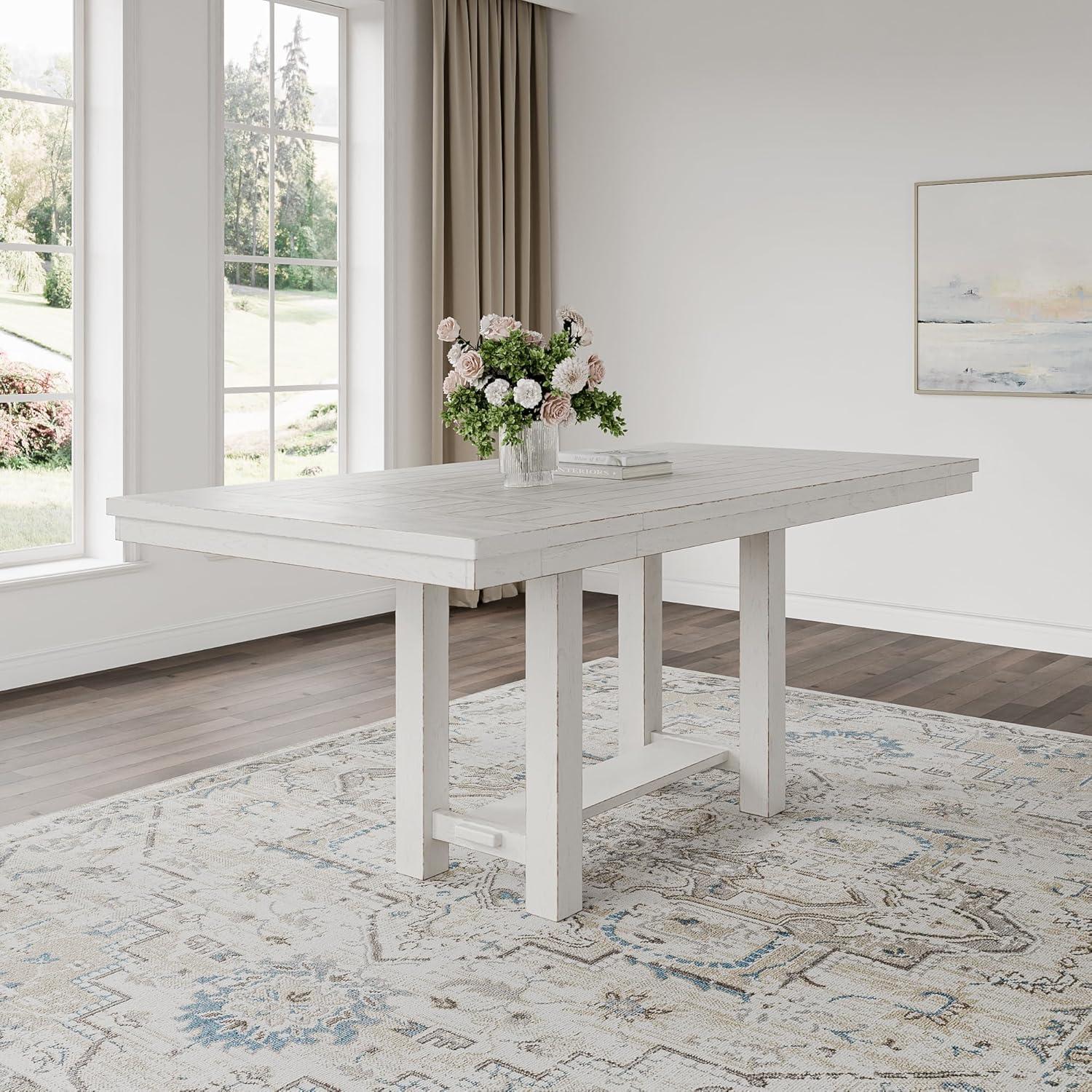 imageSignature Design by Ashley Robbinsdale Farmhouse Distressed Counter Height Dining Extension Table with Trestle Base Planked Effect and 2 Removable End Leaves WhiteWhite