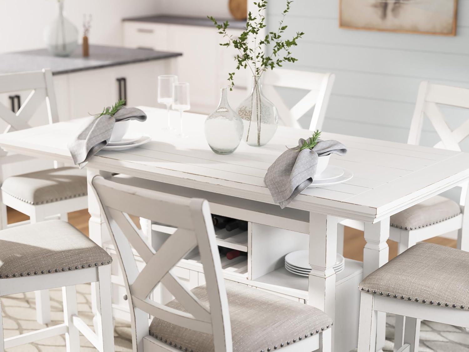 imageSignature Design by Ashley Robbinsdale Farmhouse Distressed Counter Height Dining Extension Table with Trestle Base Planked Effect and 2 Removable End Leaves WhiteAntique White