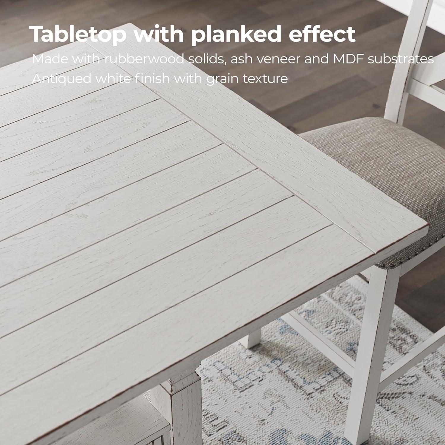 imageSignature Design by Ashley Robbinsdale Farmhouse Distressed Counter Height Dining Extension Table with Trestle Base Planked Effect and 2 Removable End Leaves WhiteAntique White