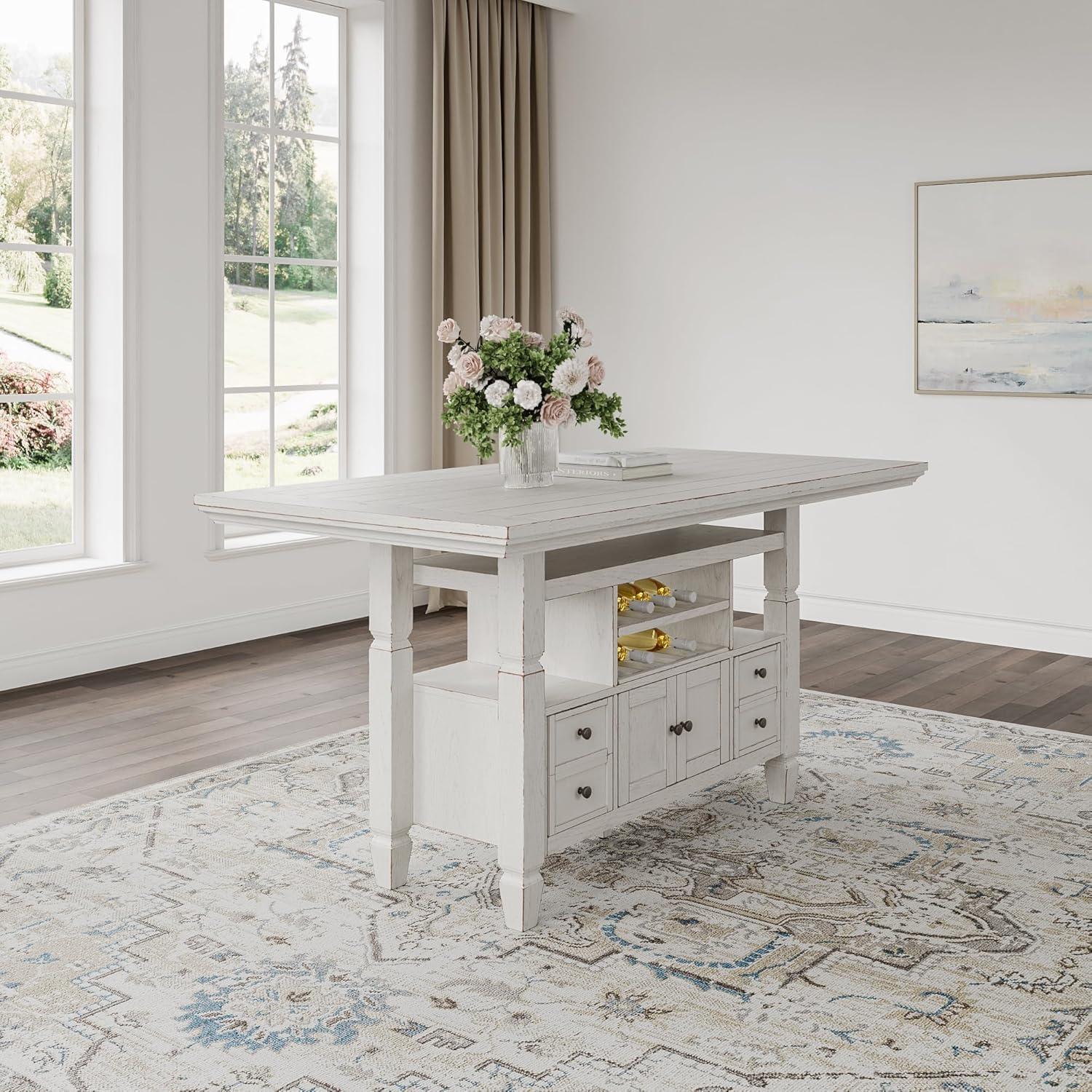 imageSignature Design by Ashley Robbinsdale Farmhouse Distressed Counter Height Dining Extension Table with Trestle Base Planked Effect and 2 Removable End Leaves WhiteAntique White