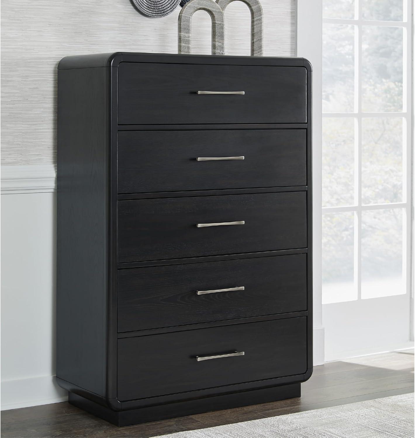 imageSignature Design by Ashley Rowanbeck Modern 5 Drawer Chest with FeltLined Top Drawer and Safety Stop Black5 Drawer Chest