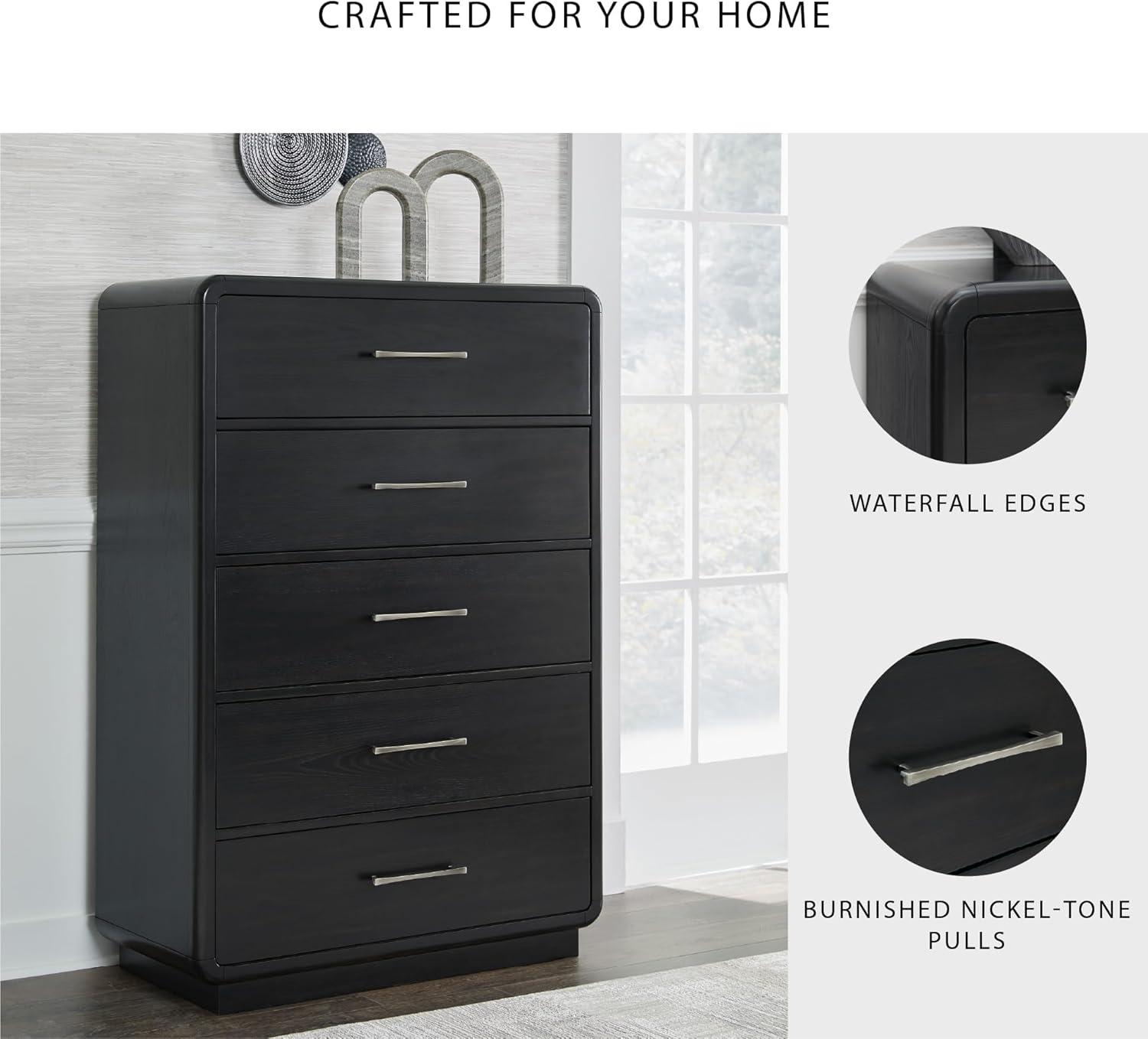 imageSignature Design by Ashley Rowanbeck Modern 5 Drawer Chest with FeltLined Top Drawer and Safety Stop Black5 Drawer Chest