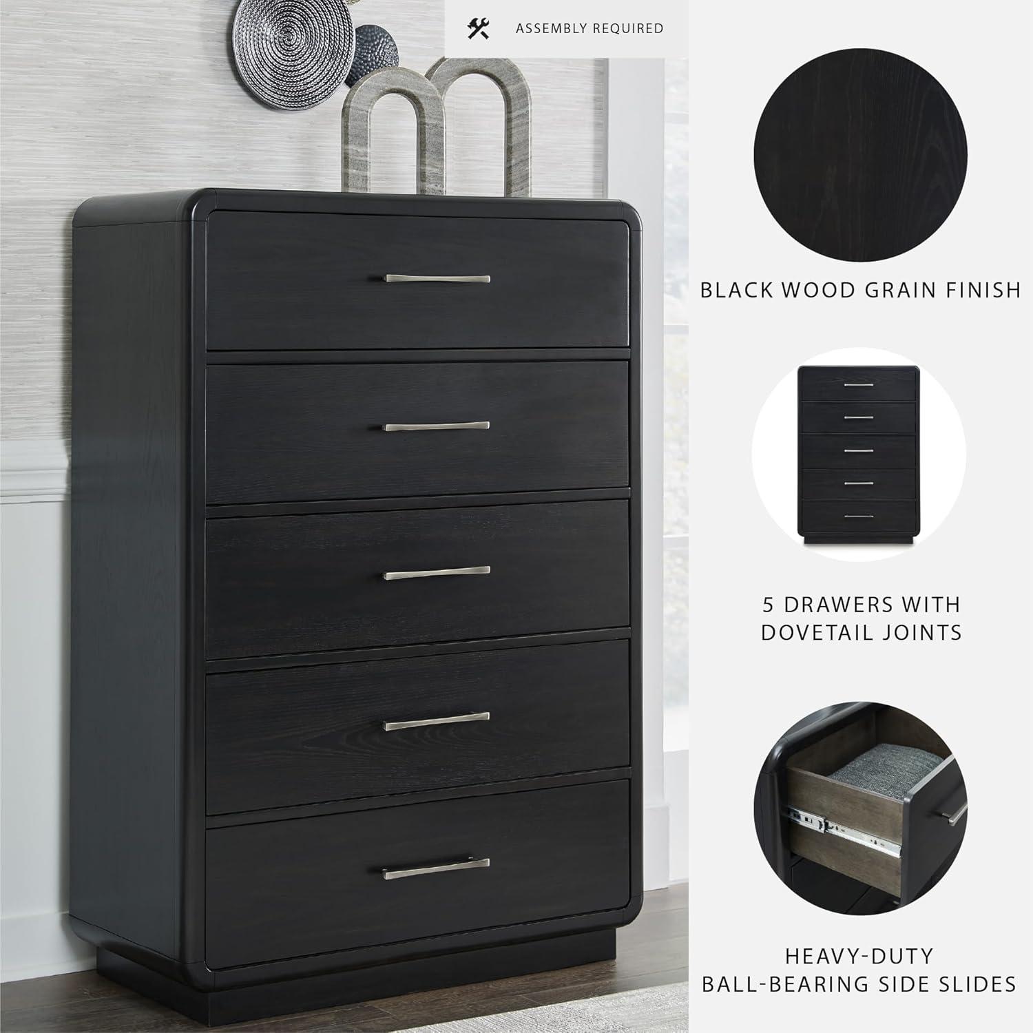 imageSignature Design by Ashley Rowanbeck Modern 5 Drawer Chest with FeltLined Top Drawer and Safety Stop Black5 Drawer Chest