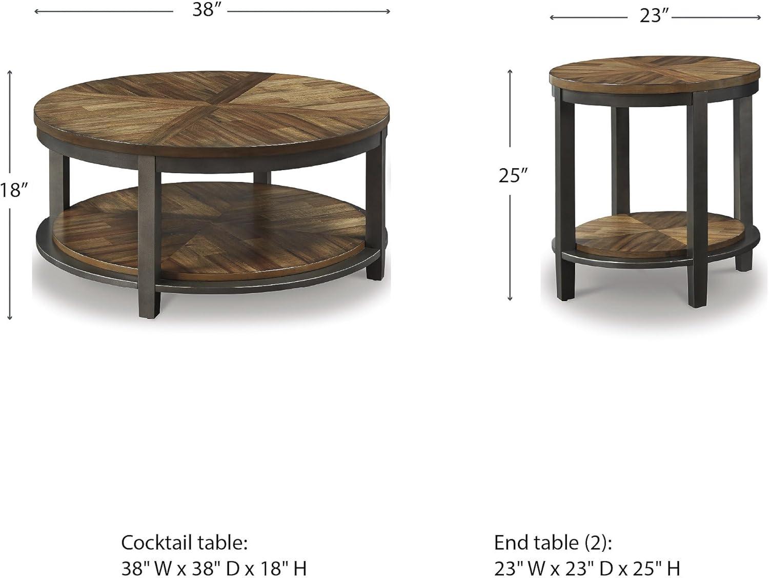 imageSignature Design by Ashley Roybeck Rustic Round 3Piece Table Set Includes 1 Coffee Table and 2 End Tables with Fixed Shelf Light BrownFarmhouse
