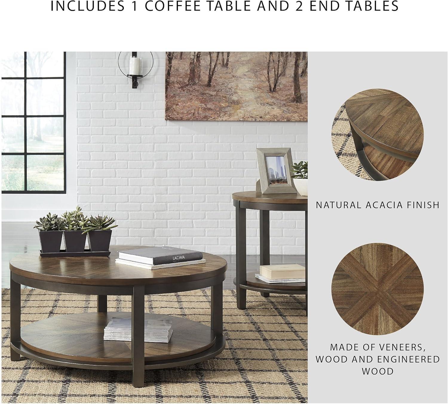 imageSignature Design by Ashley Roybeck Rustic Round 3Piece Table Set Includes 1 Coffee Table and 2 End Tables with Fixed Shelf Light BrownFarmhouse
