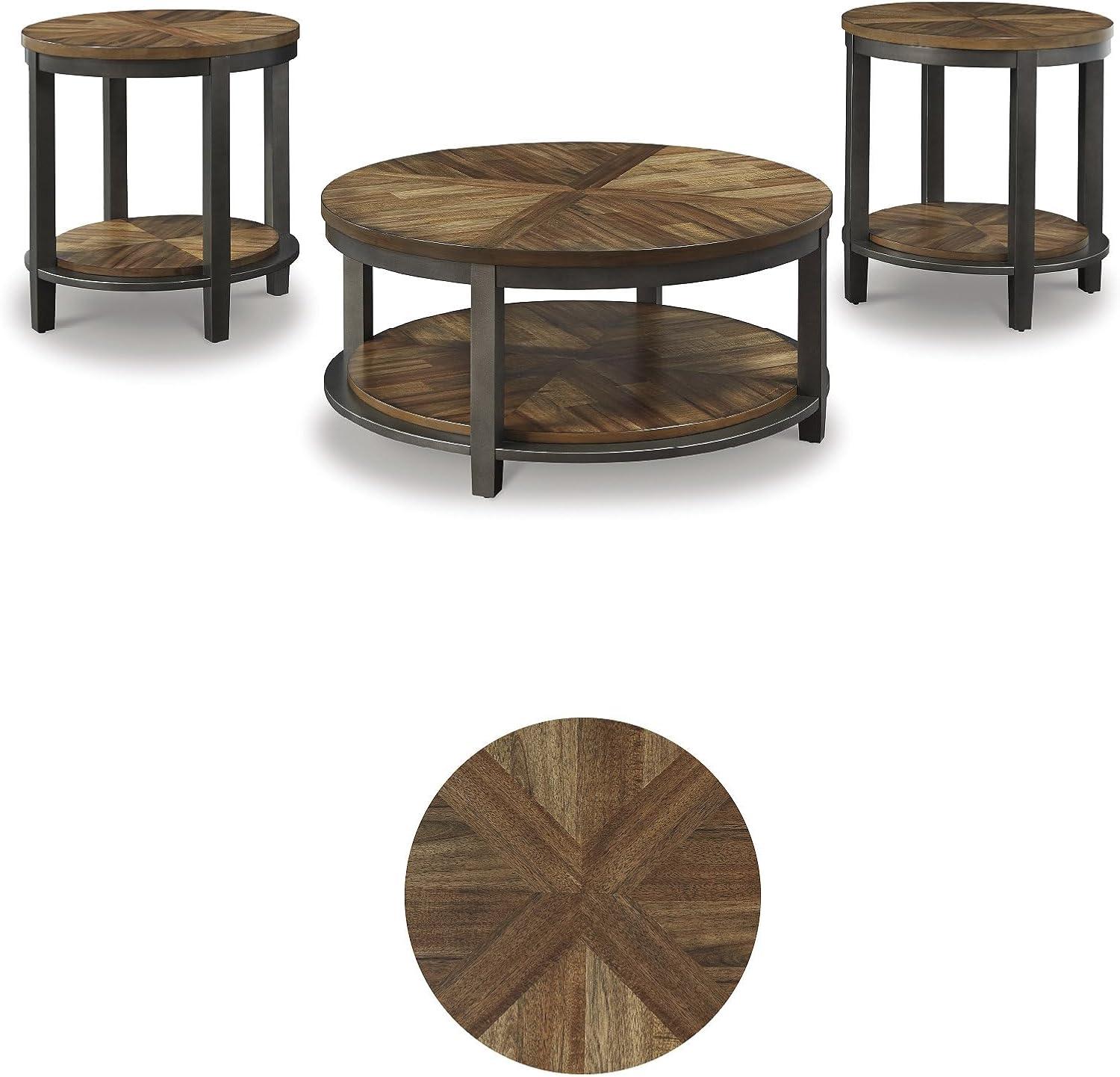 imageSignature Design by Ashley Roybeck Rustic Round 3Piece Table Set Includes 1 Coffee Table and 2 End Tables with Fixed Shelf Light BrownFarmhouse