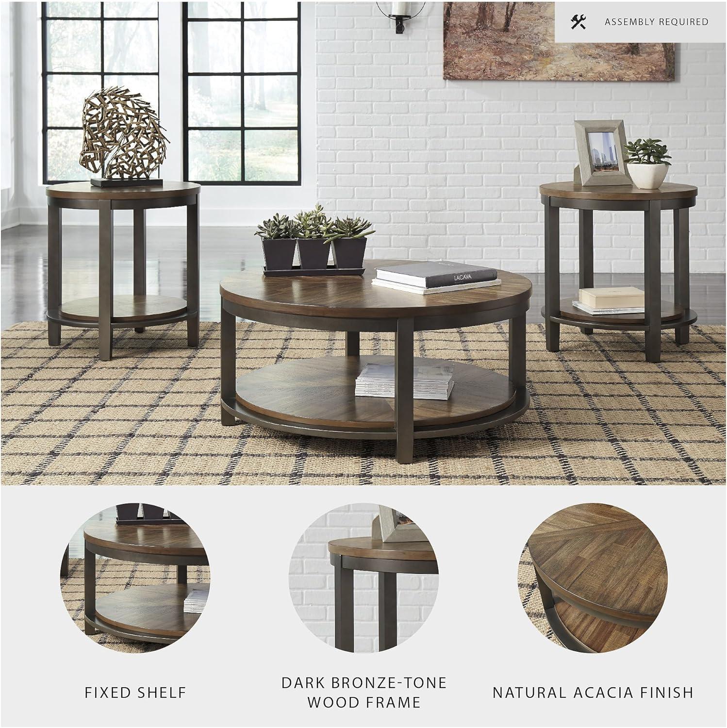 imageSignature Design by Ashley Roybeck Rustic Round 3Piece Table Set Includes 1 Coffee Table and 2 End Tables with Fixed Shelf Light BrownFarmhouse