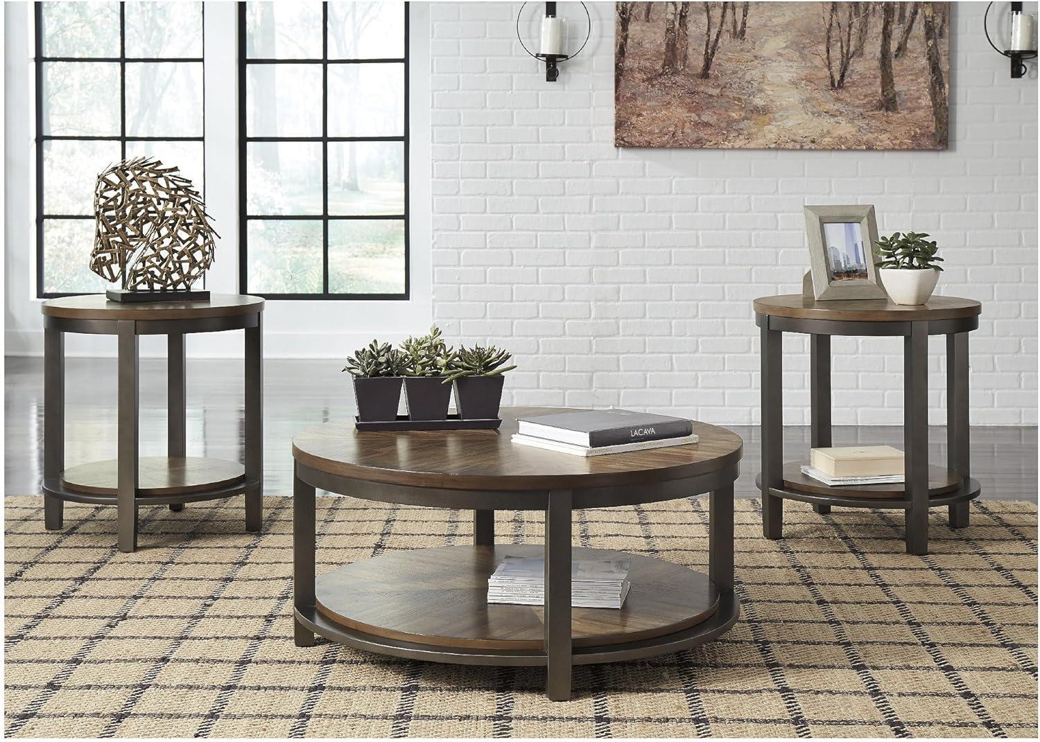 imageSignature Design by Ashley Roybeck Rustic Round 3Piece Table Set Includes 1 Coffee Table and 2 End Tables with Fixed Shelf Light BrownFarmhouse