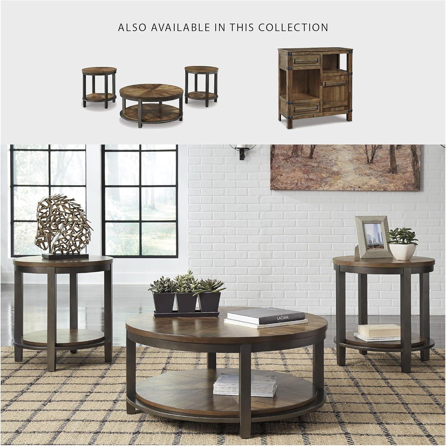 imageSignature Design by Ashley Roybeck Rustic Round 3Piece Table Set Includes 1 Coffee Table and 2 End Tables with Fixed Shelf Light BrownFarmhouse
