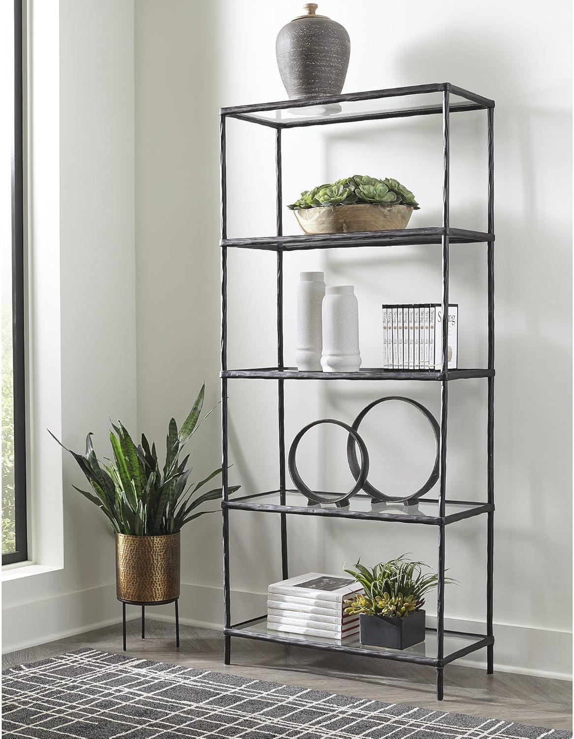 imageSignature Design by Ashley Ryandale Modern 5 Shelf Bookcase Antique Brass FinishBlack