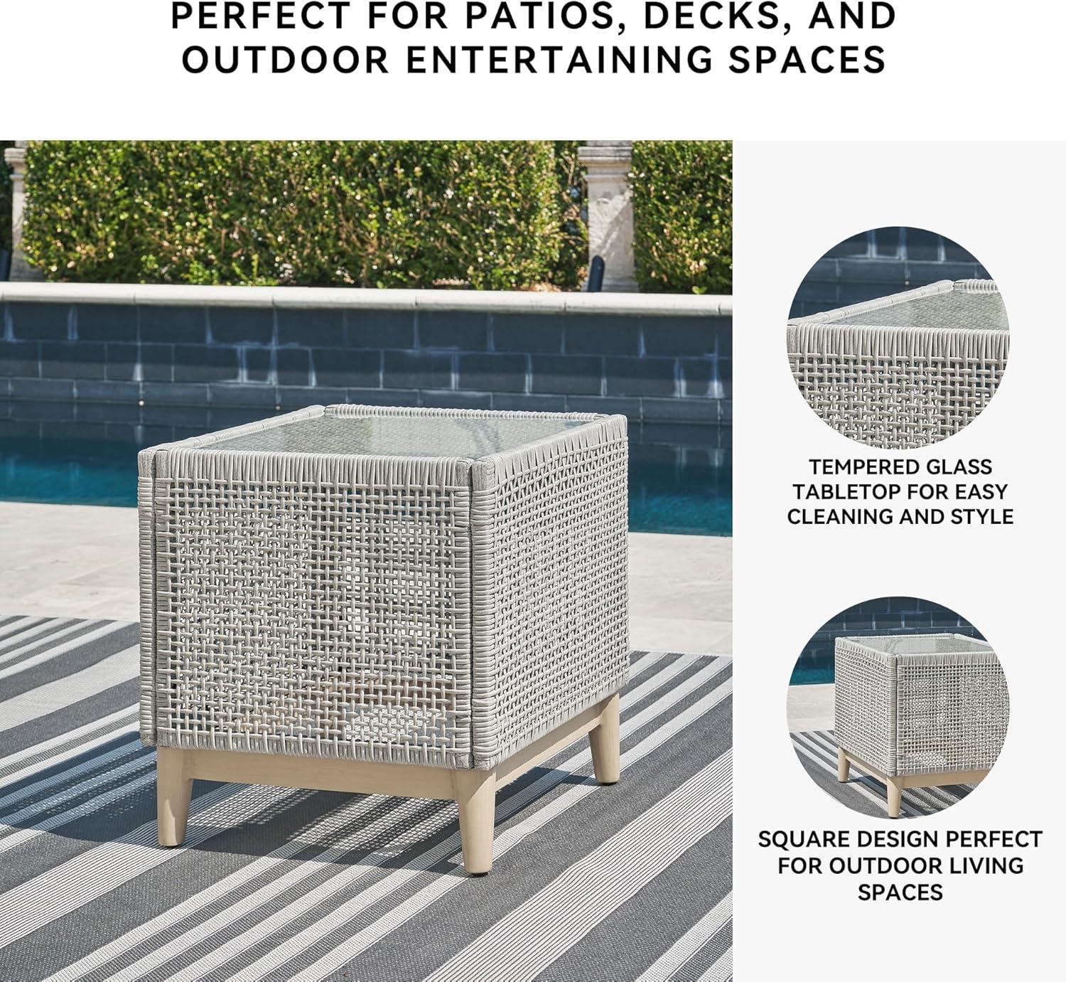 imageSignature Design by Ashley Seton Creek Contemporary Chic Outdoor AllWeather Resin Wicker End Table with Tempered Glass Tabletop Gray ampamp Light BrownOutdoor End Table