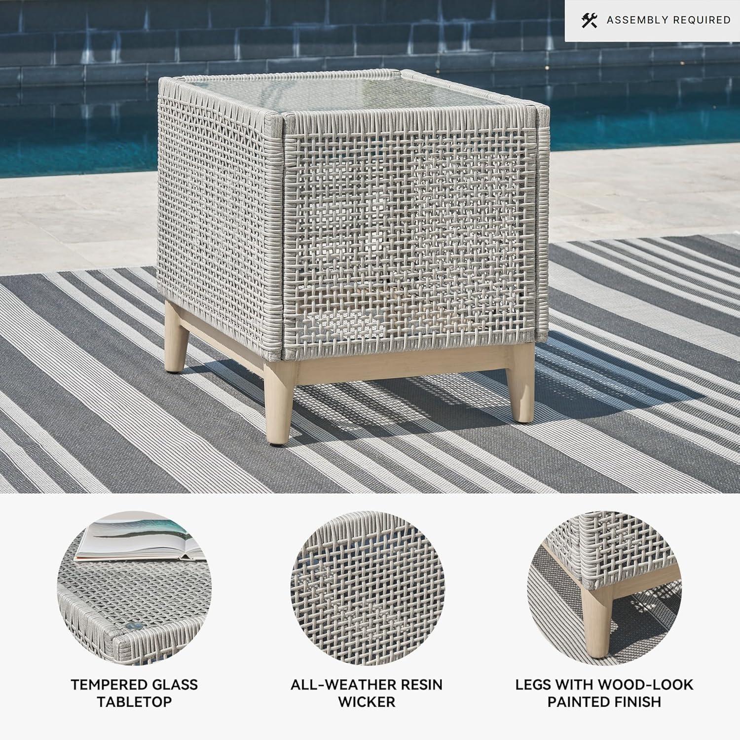 imageSignature Design by Ashley Seton Creek Contemporary Chic Outdoor AllWeather Resin Wicker End Table with Tempered Glass Tabletop Gray ampamp Light BrownOutdoor End Table