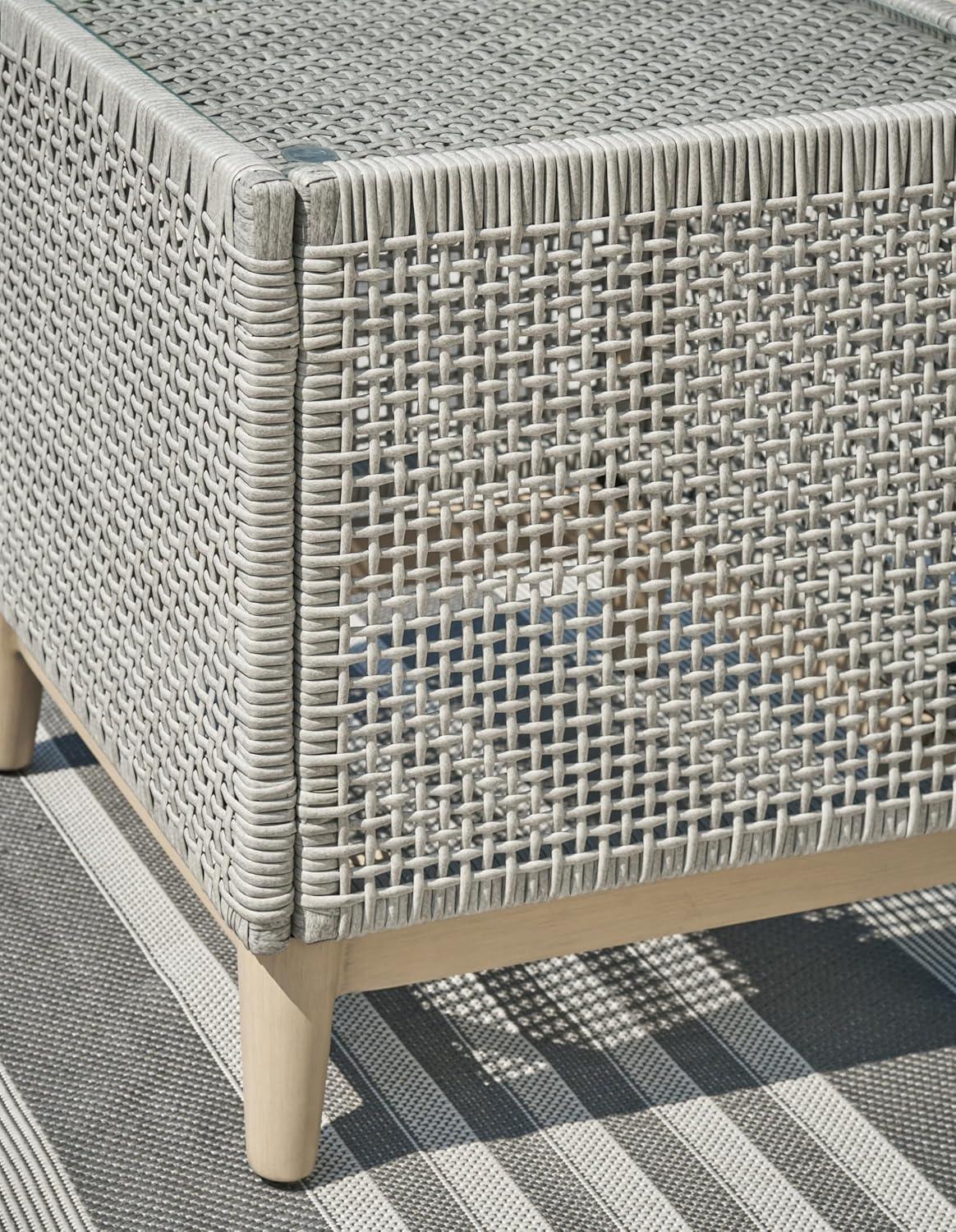 imageSignature Design by Ashley Seton Creek Contemporary Chic Outdoor AllWeather Resin Wicker End Table with Tempered Glass Tabletop Gray ampamp Light BrownOutdoor End Table