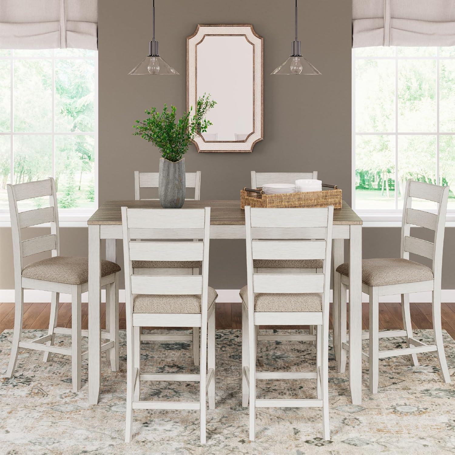 imageSignature Design by Ashley Skempton Modern Farmhouse Counter Height Dining Table and Upholstered Bar Stools Set of 7 White ampamp Light BrownWhite Light Brown